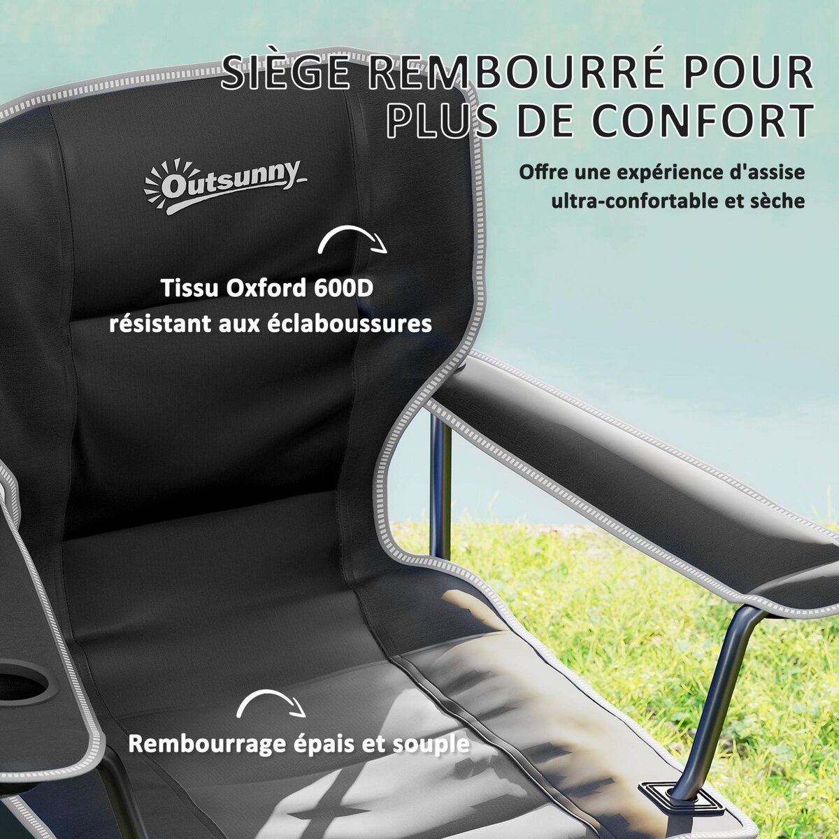 OUTSUNNY Chaise de camping pliante rembourrée - porte-gobelets, poches latérales rangement - sac transport inclus - noir