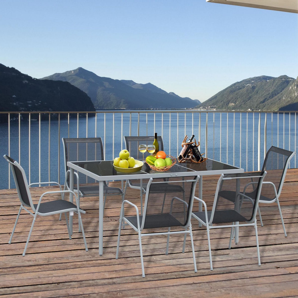 OUTSUNNY Ensemble de jardin 6 pers. 6 chaises empilables table plateau verre trempé 5 mm métal époxy gris textilène noir