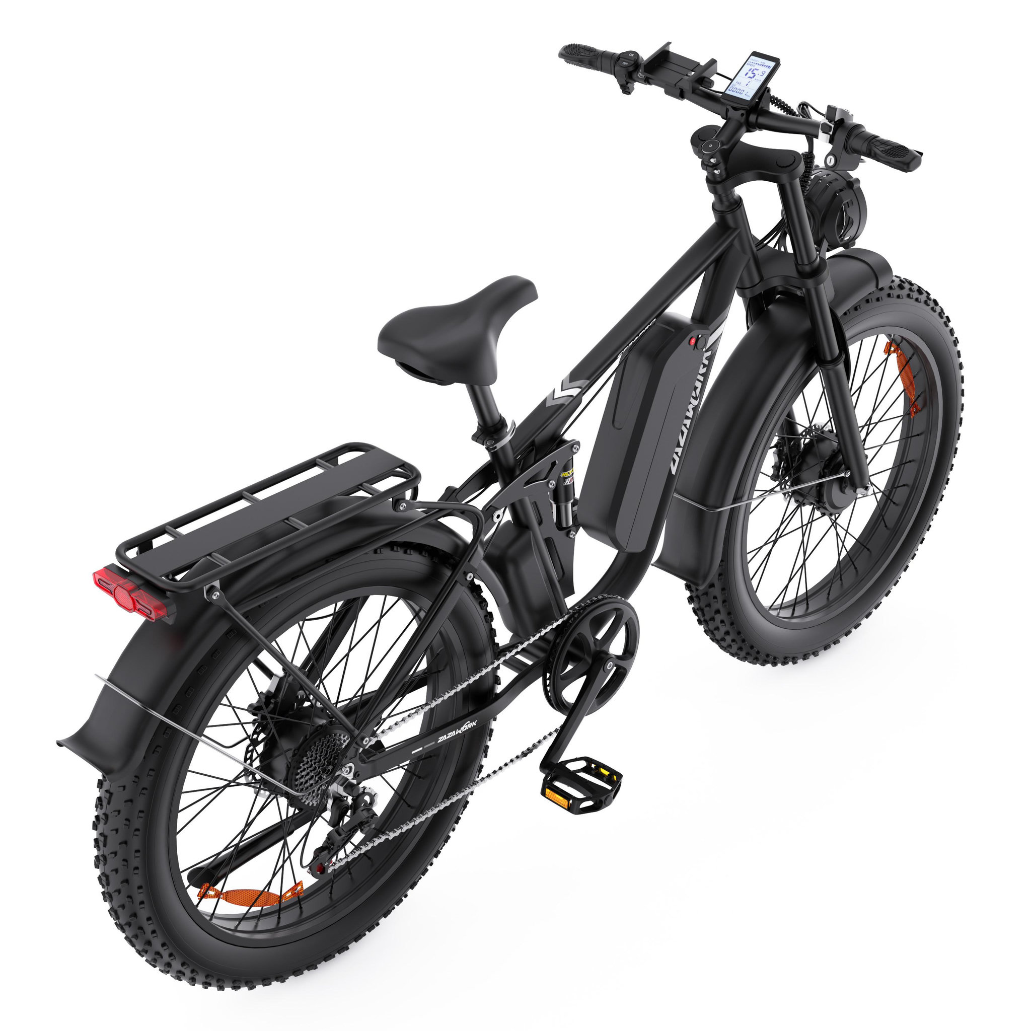Voir la diapositive 6 : ZAZAWORK Vélo électrique ZAZAWORK CF26 PRO 26  à gros pneus et suspension intégrale, noir