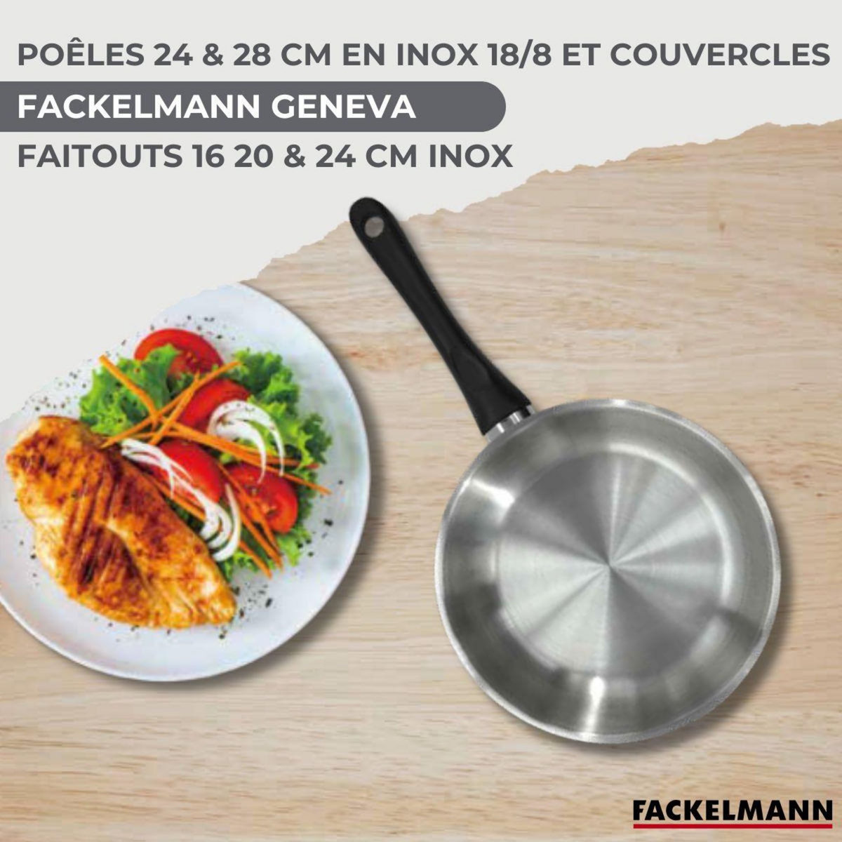 Fackelmann Set de 2 poêles 24, 28 cm inox, couvercles verre, 3 faitouts inox 16, 20 et 24 cm et 6 ustensiles inox Fackelmann Geneva
