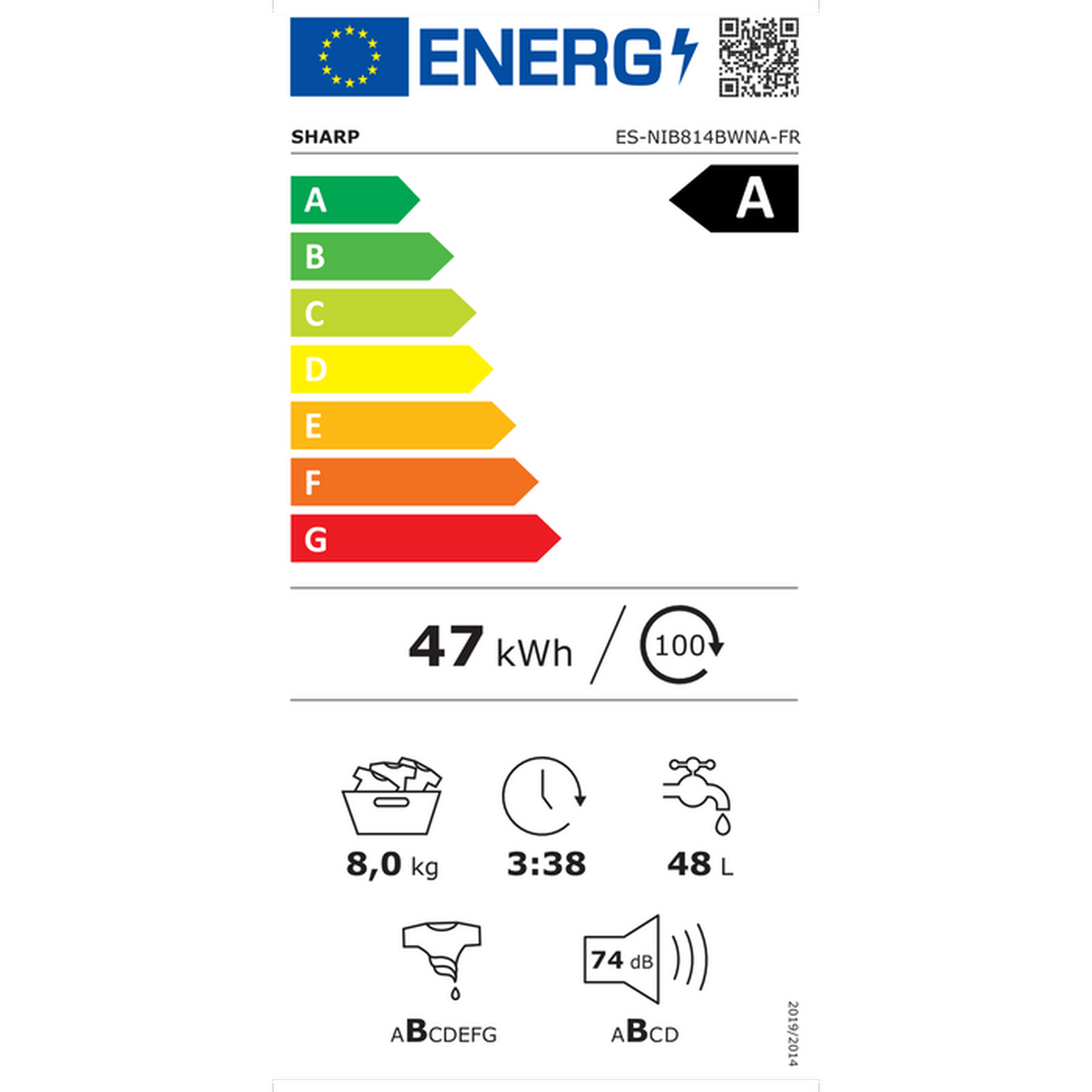 Voir la diapositive 4 : Sharp Lave-linge intégrable 8kg 1400 tours/min blanc - es-nib814bwna