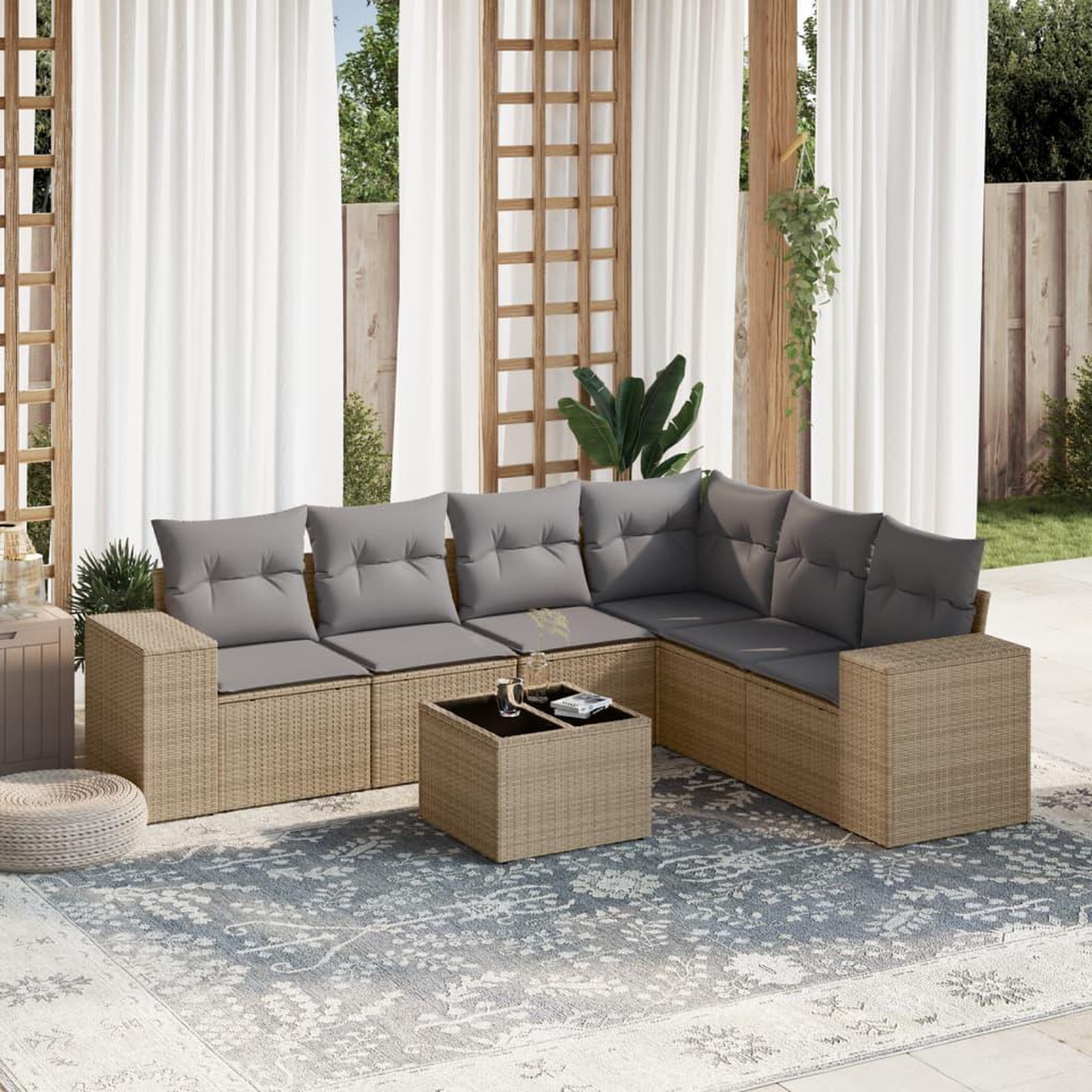 VIDAXL Salon de jardin avec coussins 7 pcs beige resine tressee
