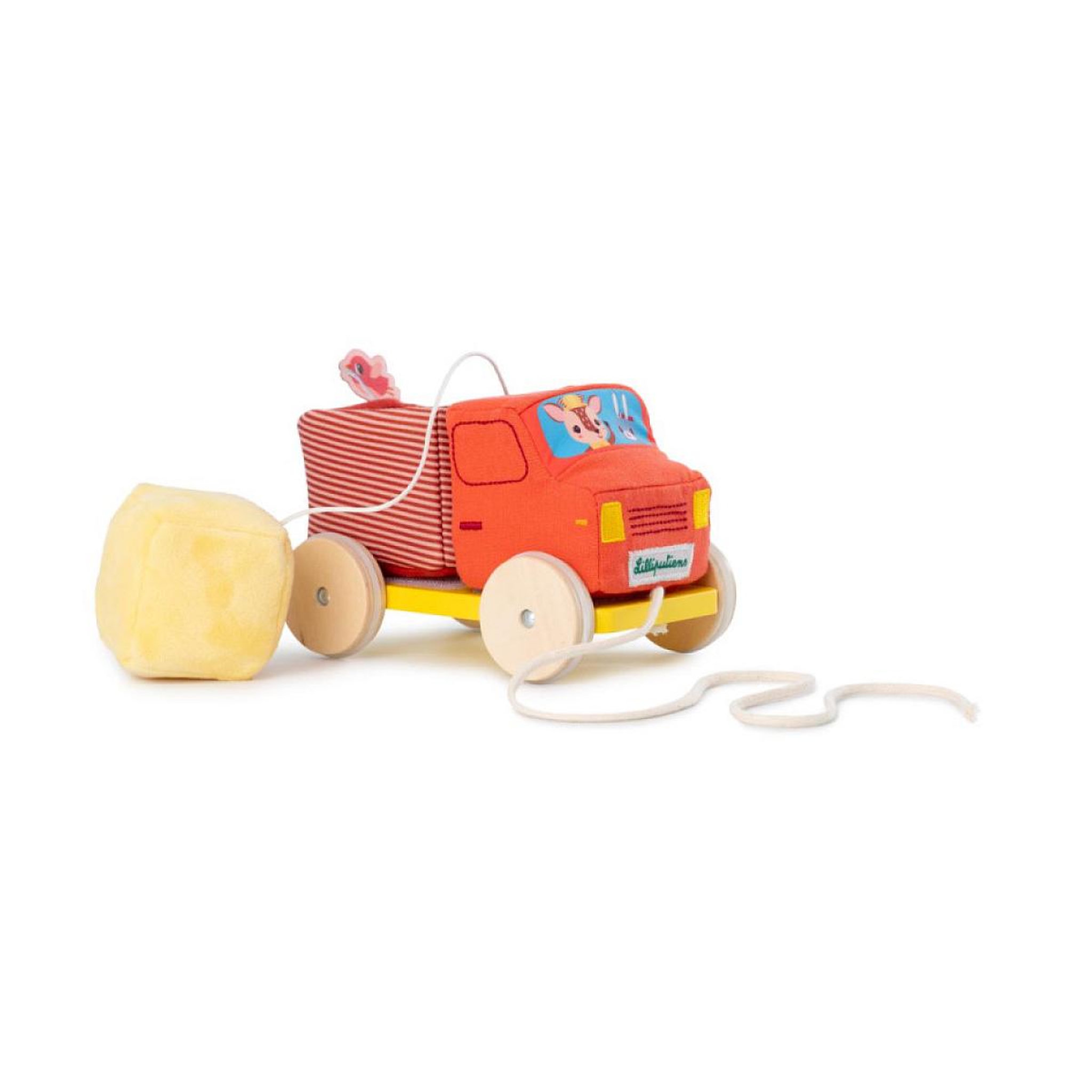 Voir la diapositive 2 : LILLIPUTIENS Camion benne a tirer en bois et tissu