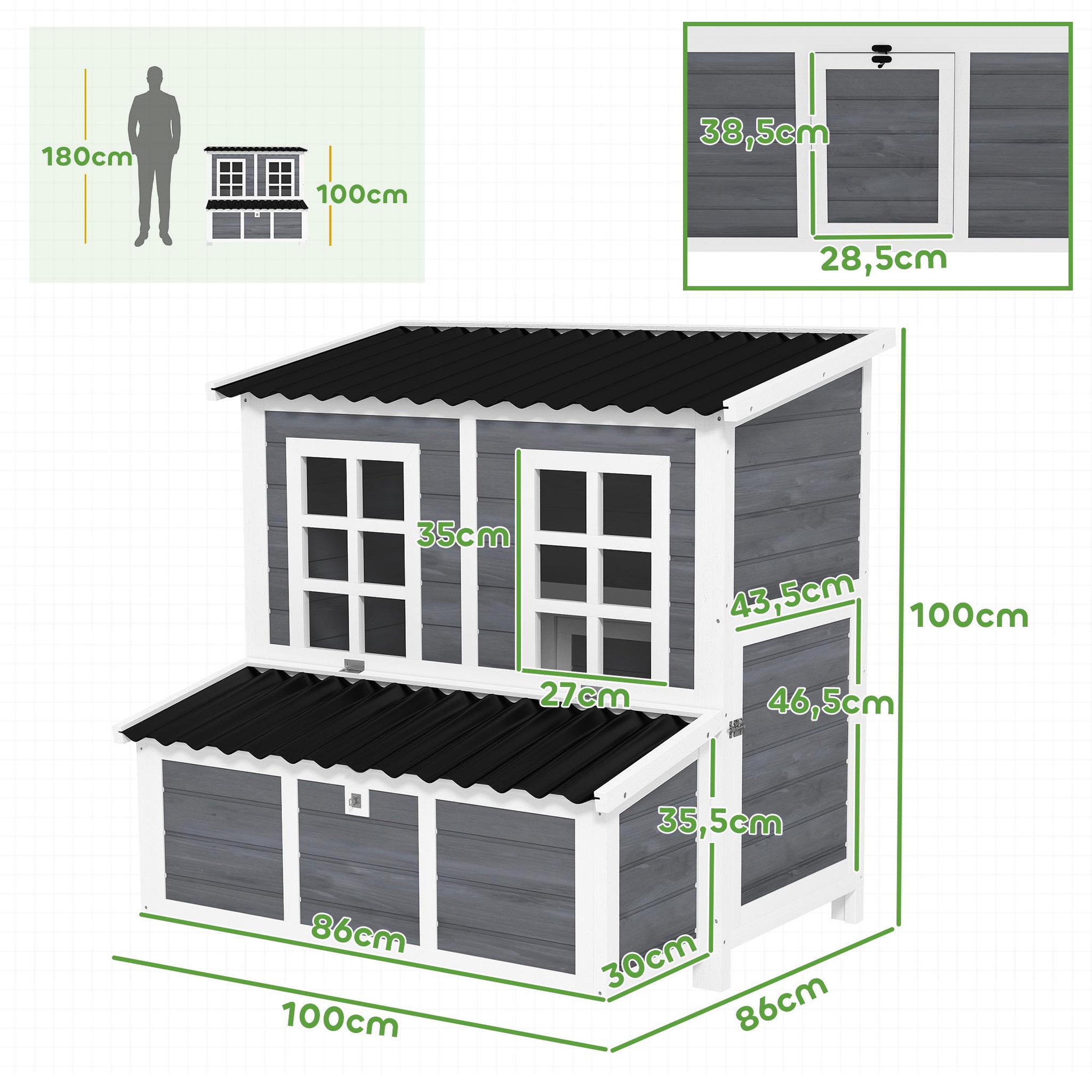 Voir la diapositive 3 : PAWHUT Poulailler cottage en bois 3 pondoirs toit ouvrant porte 2 fenêtres plateau déjection 100x86x100cm gris blanc noir
