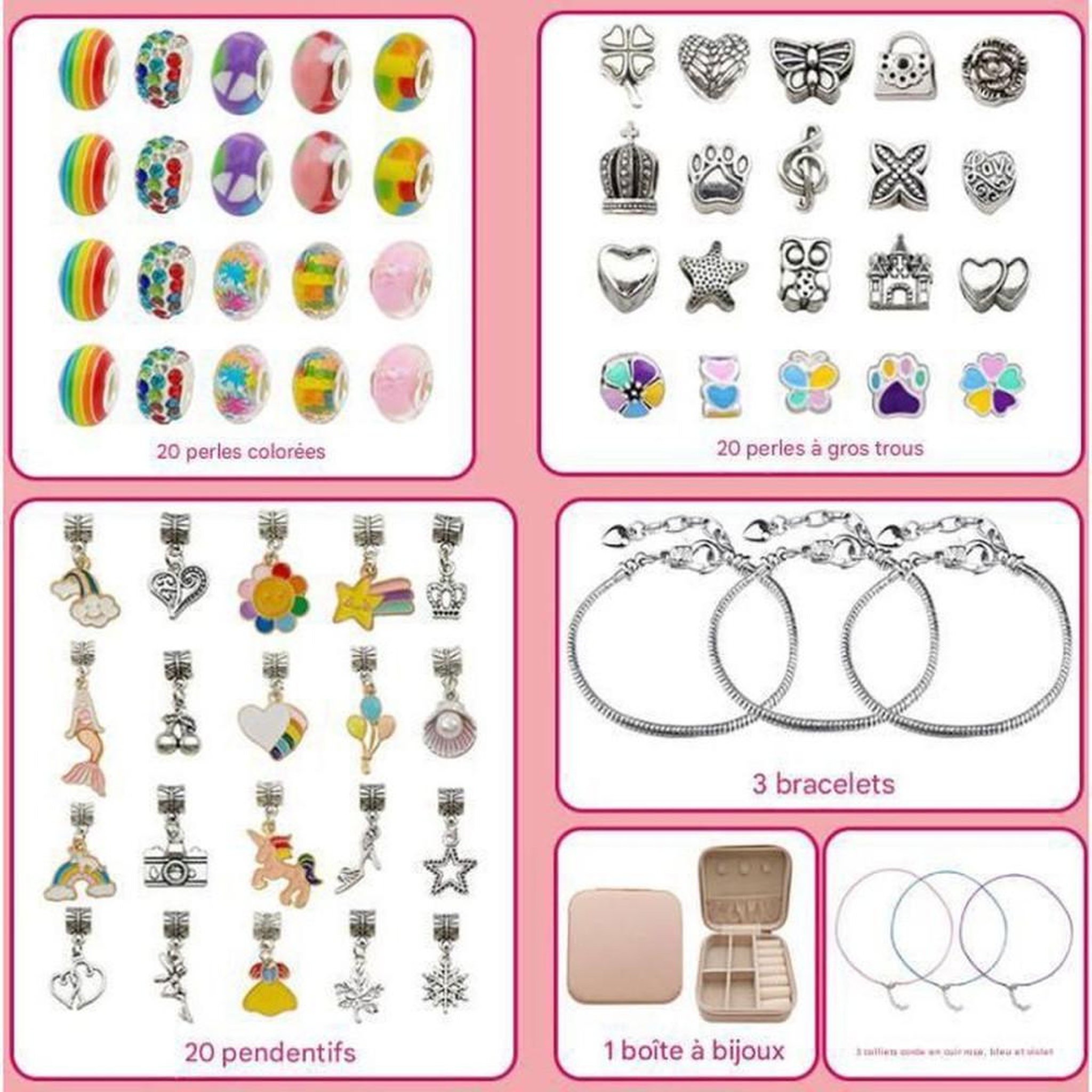Voir la diapositive 5 : Kit de fabrication de bijoux pour enfants 66 pièces Bracelets et colliers à perles multicolores avec breloques et boîte à bijoux