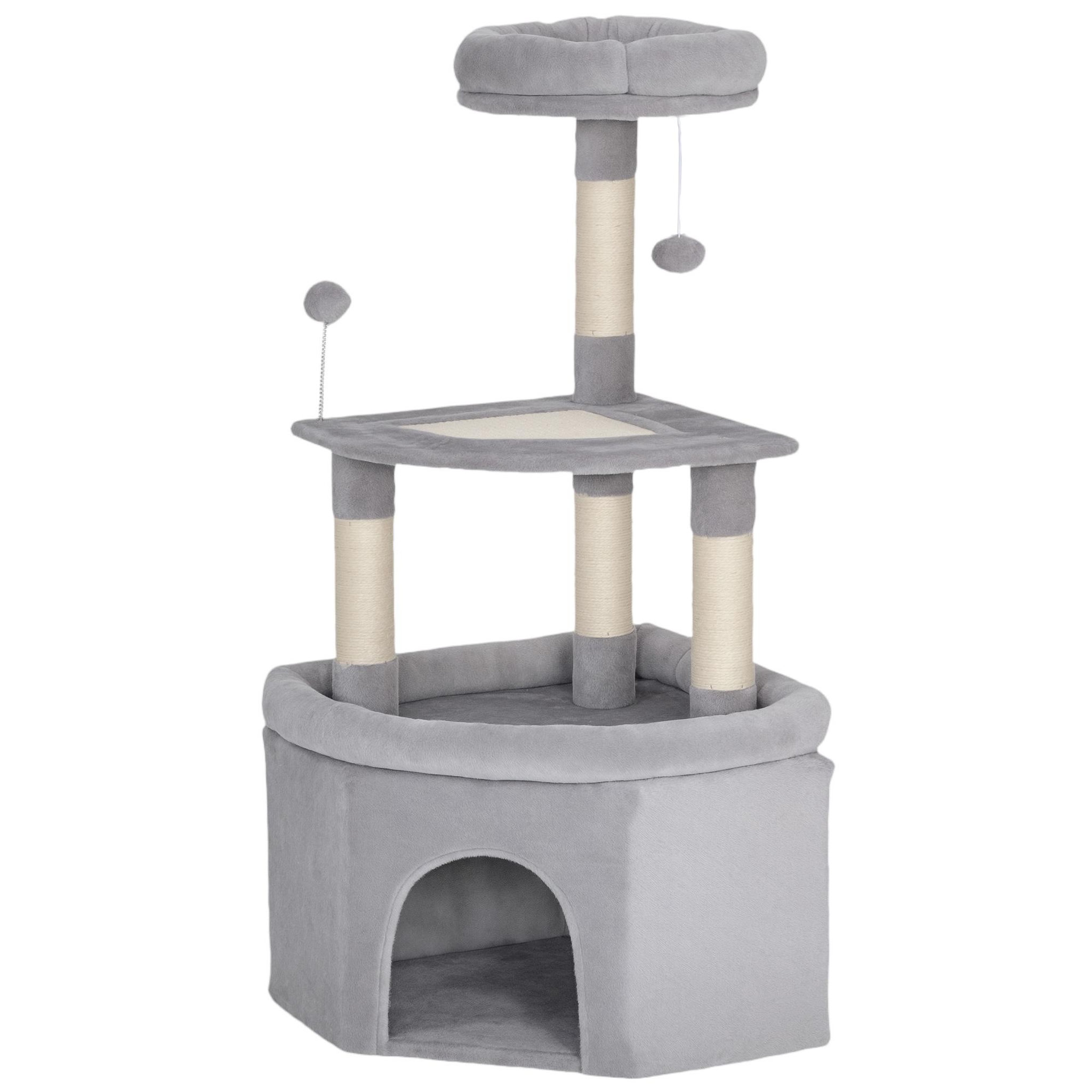 PAWHUT Arbre à chat d'angle h.114cm griffoirs grattoir grande niche plateformes gris