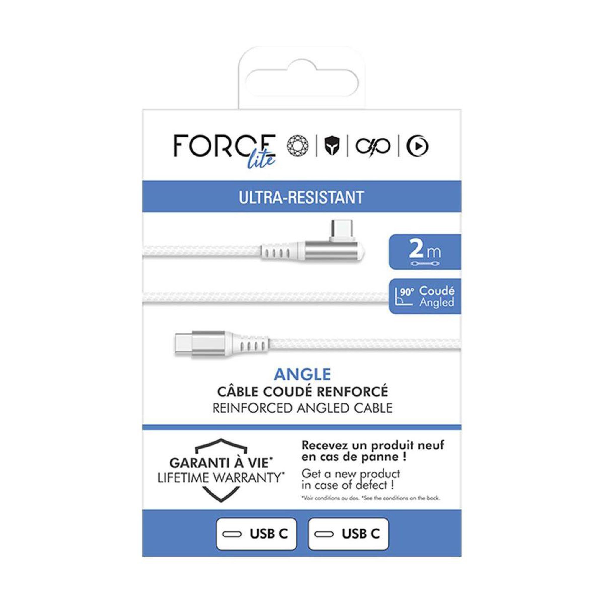 Voir la diapositive 4 : FORCE POWER Câble USB 60W USB-C / USB-C 2m blanc coudé