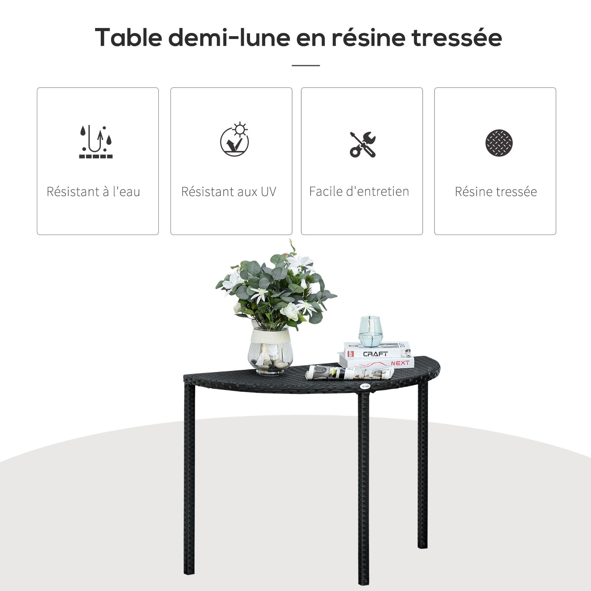 Voir la diapositive 5 : OUTSUNNY Table de jardin demi cercle - table de balcon demi lune - dim. 100L x 50l x 74H cm résine tressée 4 fils imitation rotin noir
