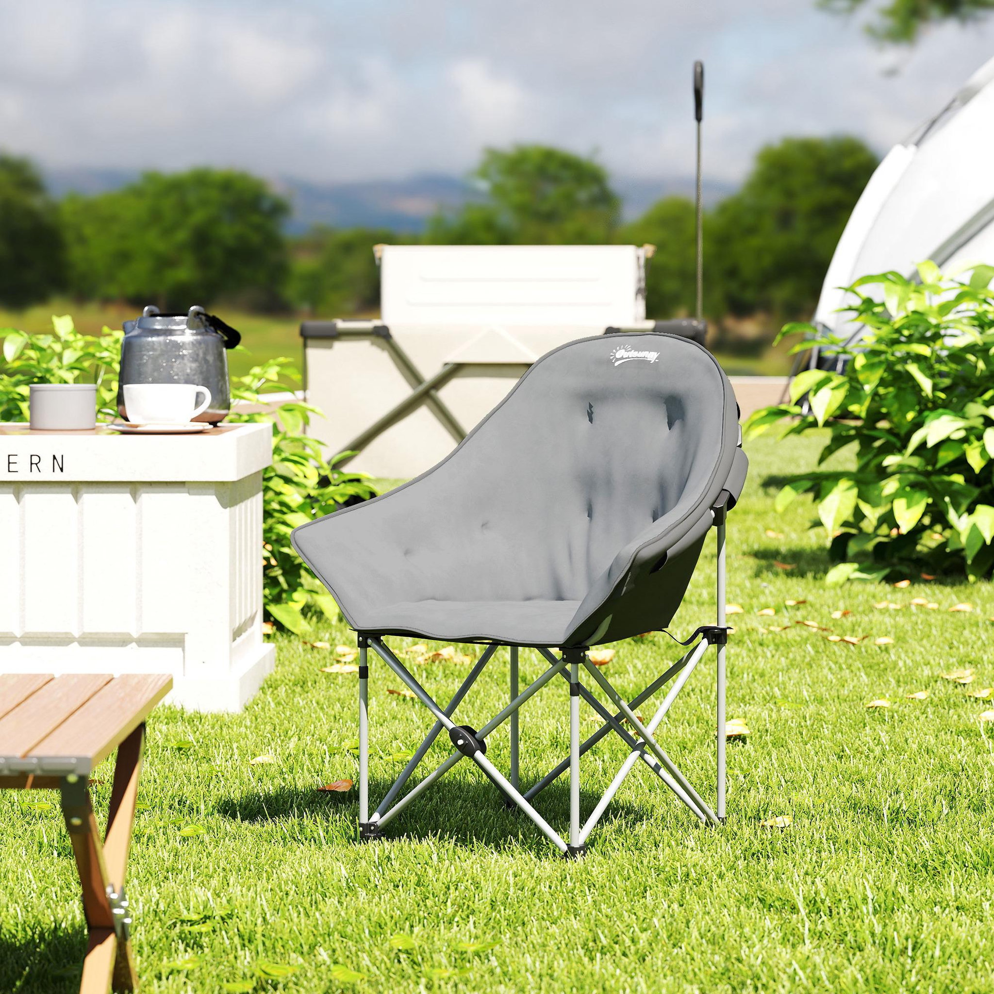 Voir la diapositive 4 : OUTSUNNY Chaise de camping pliante rembourrée revêtement toucher daim grand confort rangements sac inclus gris