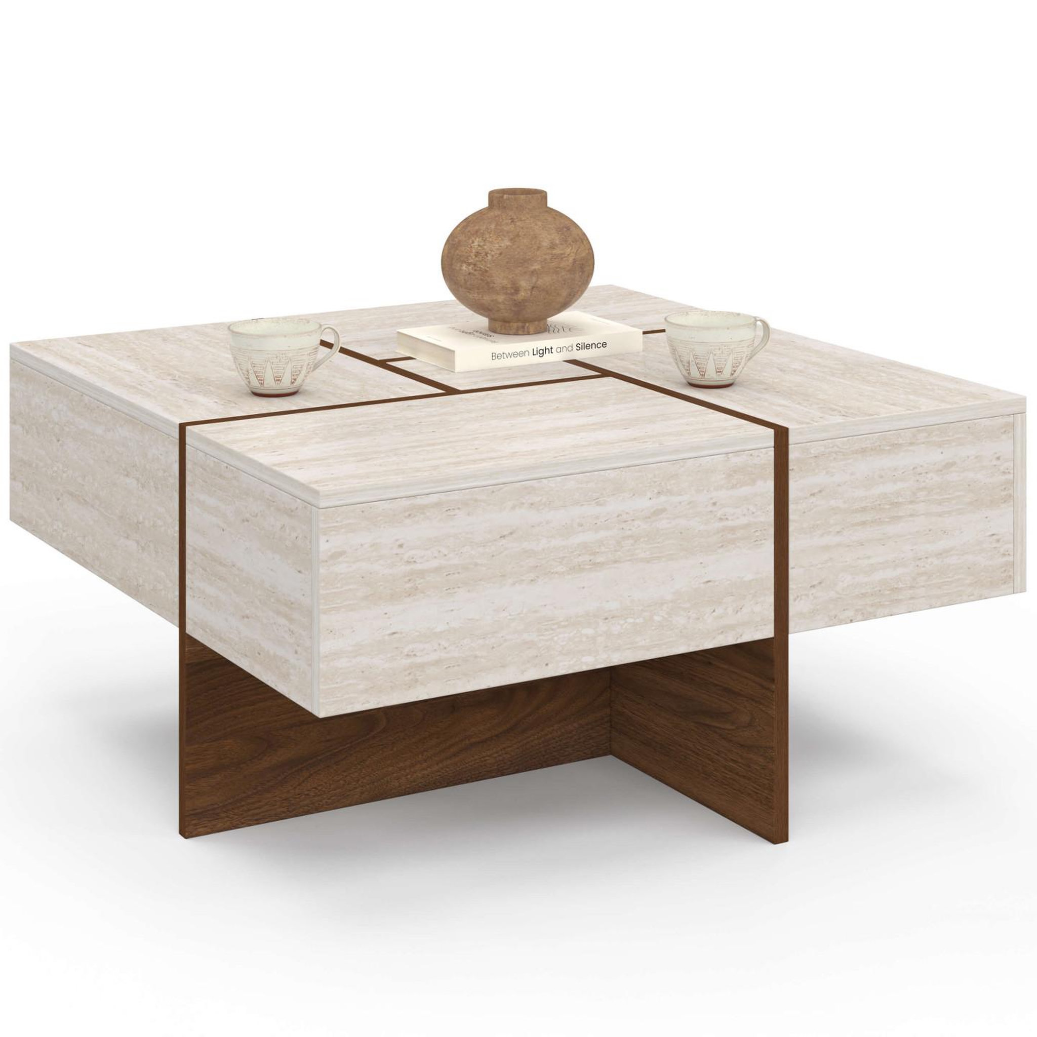 Voir la diapositive 4 : ID MARKET Table basse carrée talia 70 cm avec tiroirs bois effet noyer et plateau travertin