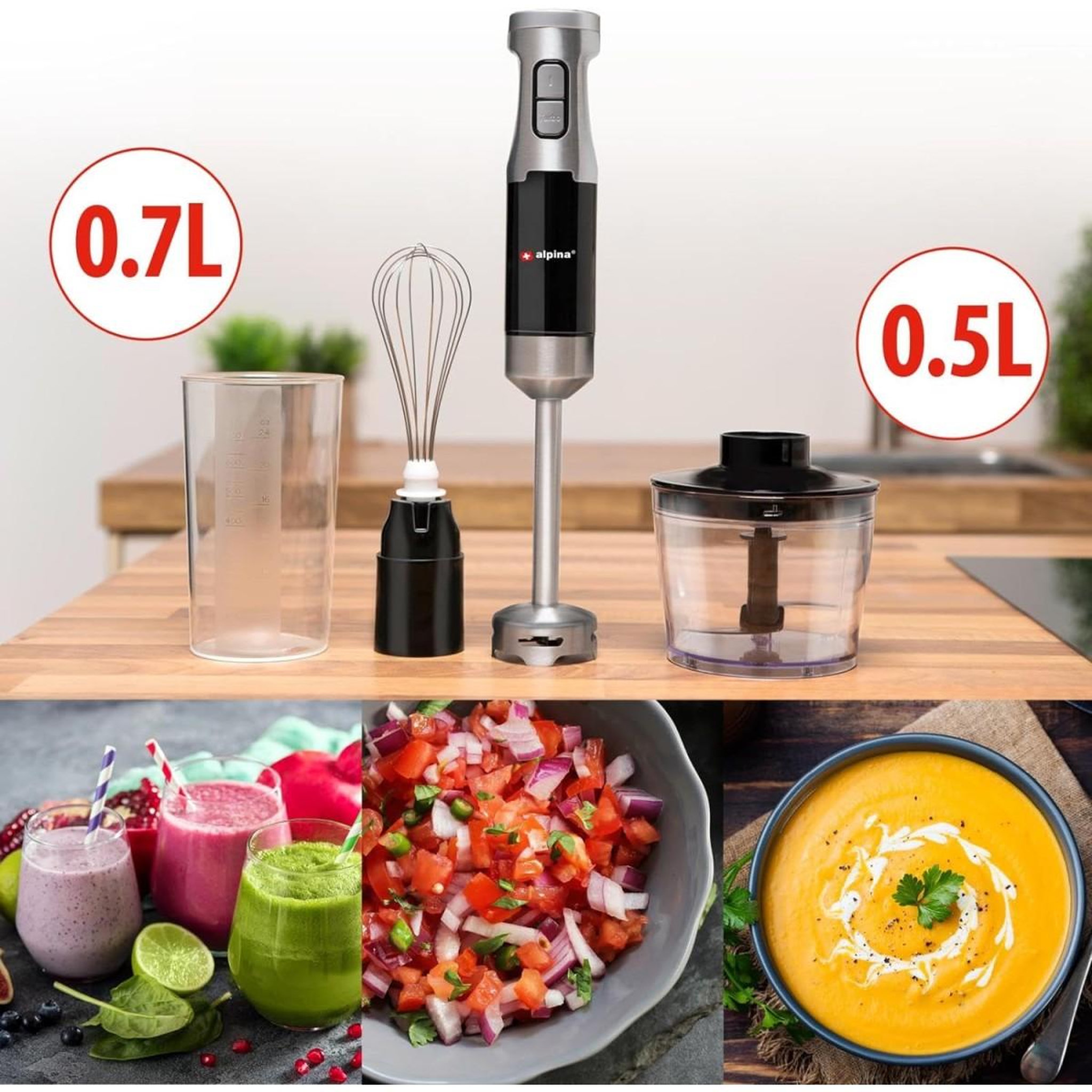 Voir la diapositive 2 : Alpina Mixeur plongeant Inox avec hachoir 1000W 2 Vitesses + Turbo Fouet ALPINA