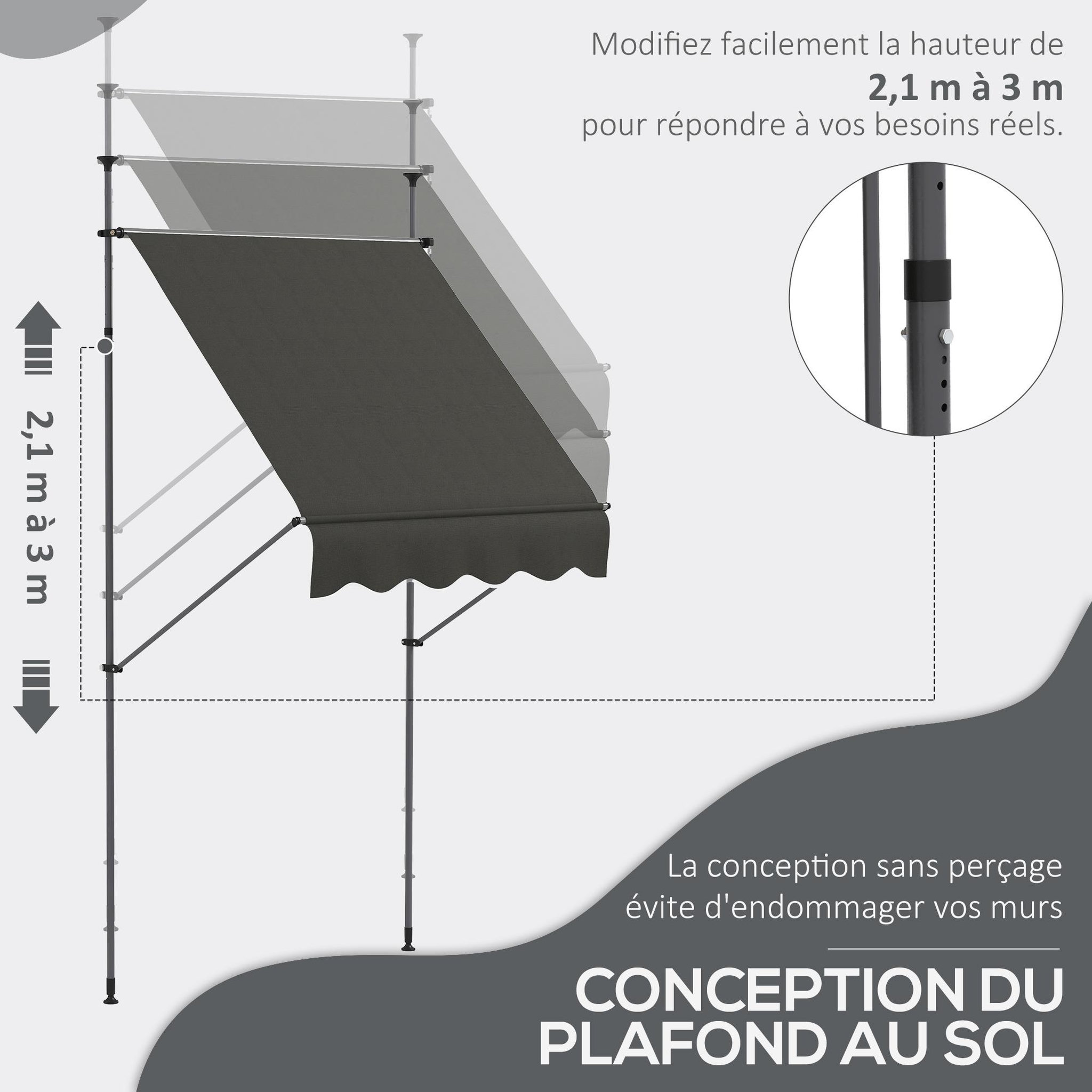 Voir la diapositive 4 : OUTSUNNY Store banne autoportant manuel rétractable 1,5L x 1,2l x 2,1-3H m inclinaison réglable métal alu polyester gris