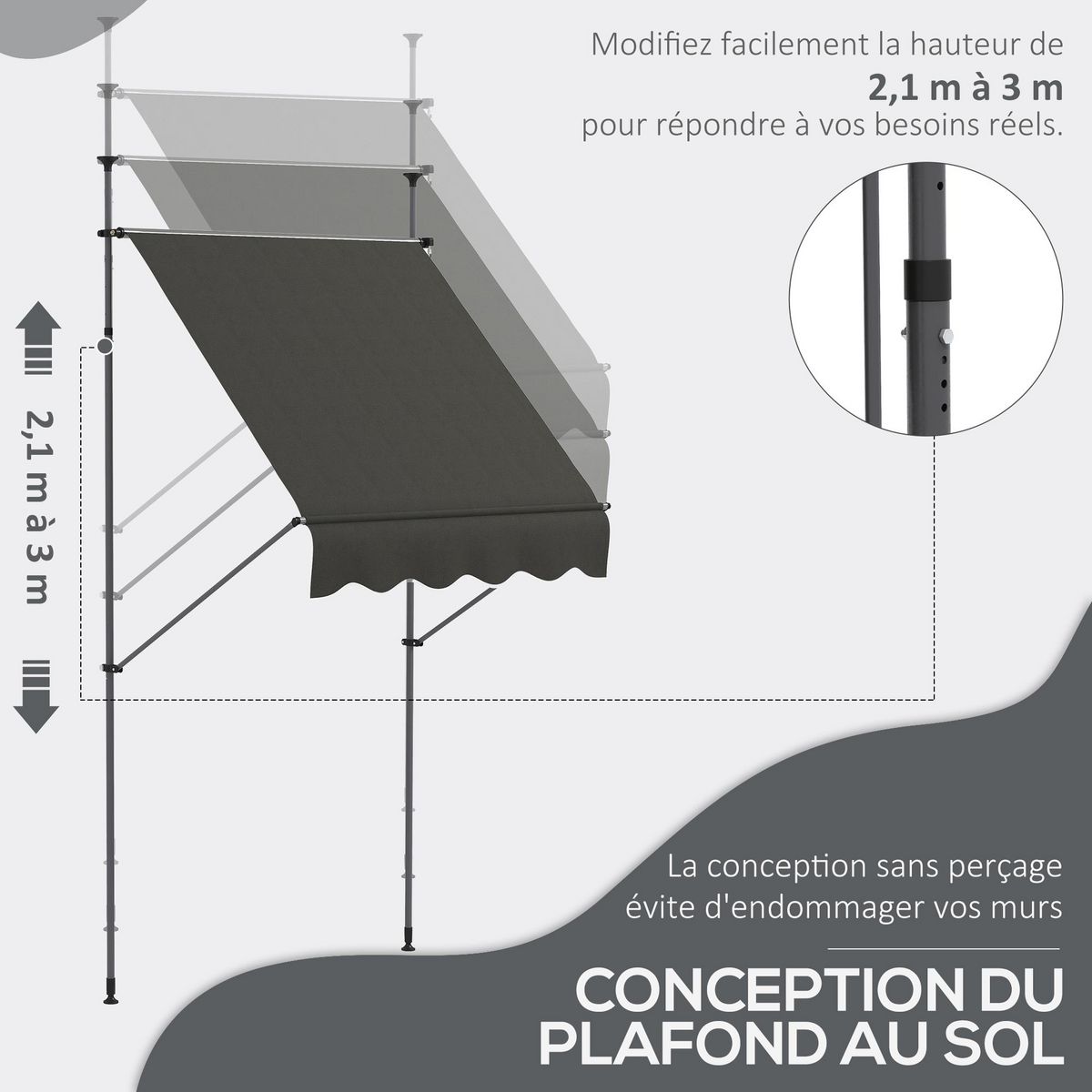 OUTSUNNY Store banne autoportant manuel rétractable 1,5L x 1,2l x 2,1-3H m inclinaison réglable métal alu polyester gris