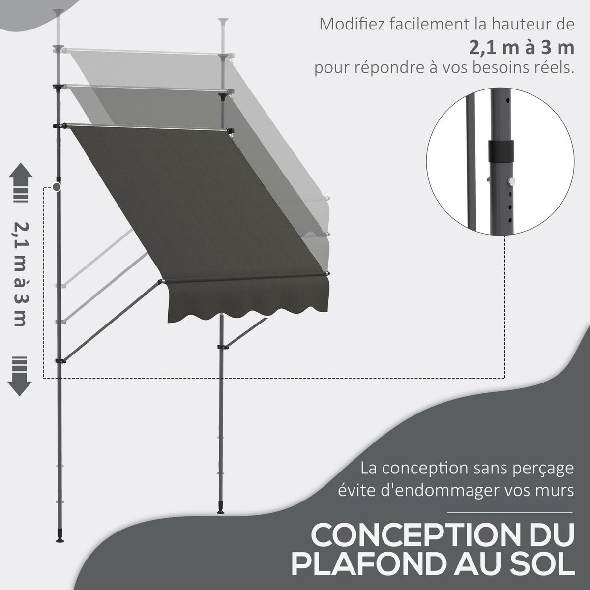 OUTSUNNY Store banne autoportant manuel rétractable 1,5L x 1,2l x 2,1-3H m inclinaison réglable métal alu polyester gris
