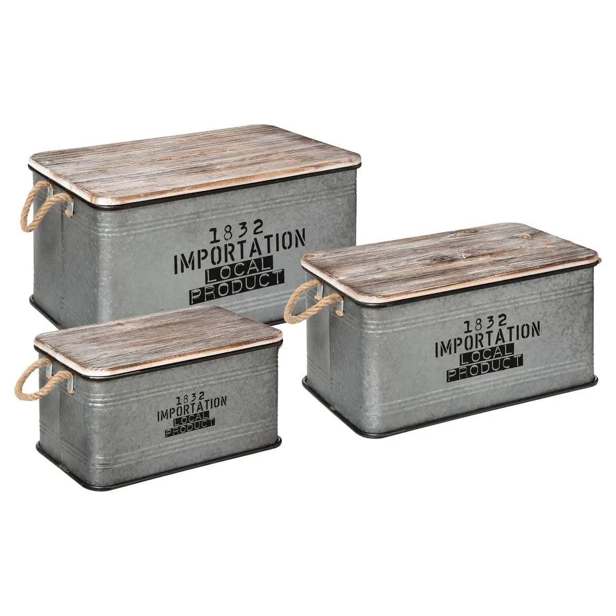 ATMOSPHERA Lot de 3 Malles Déco Vintage  Zinc  60cm Gris