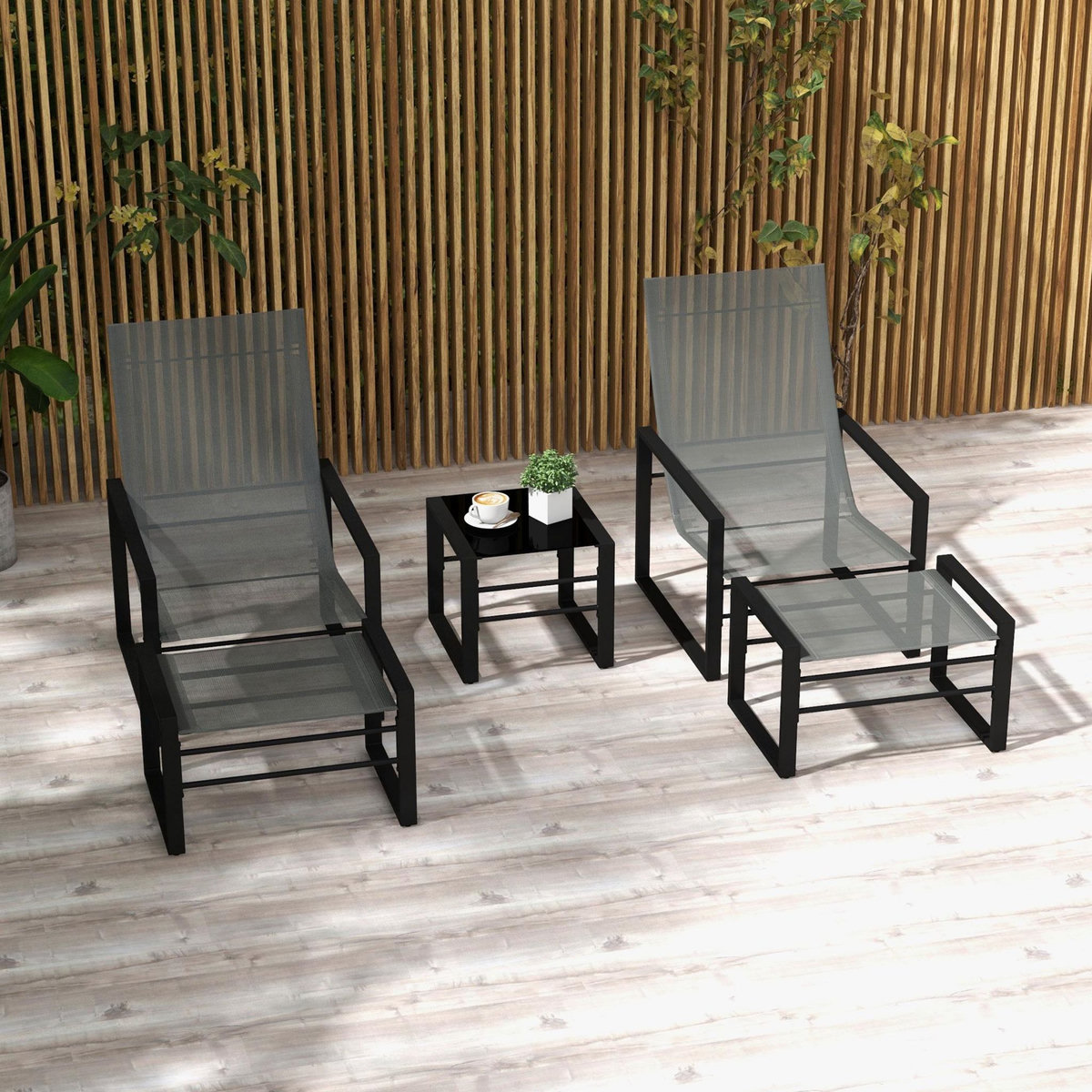 OUTSUNNY Salon de jardin 5 pièces 2 places métal noir tissu mesh gris