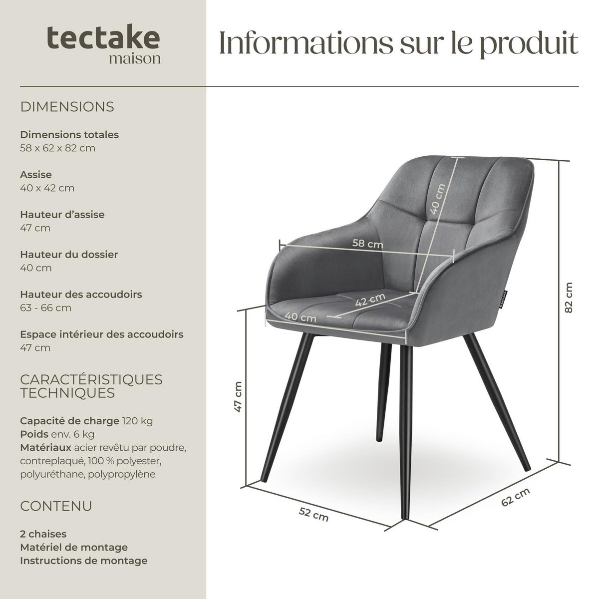 tectake Chaise de salle à manger rembourrée et en velours matelassé gris/noir Lot de 2