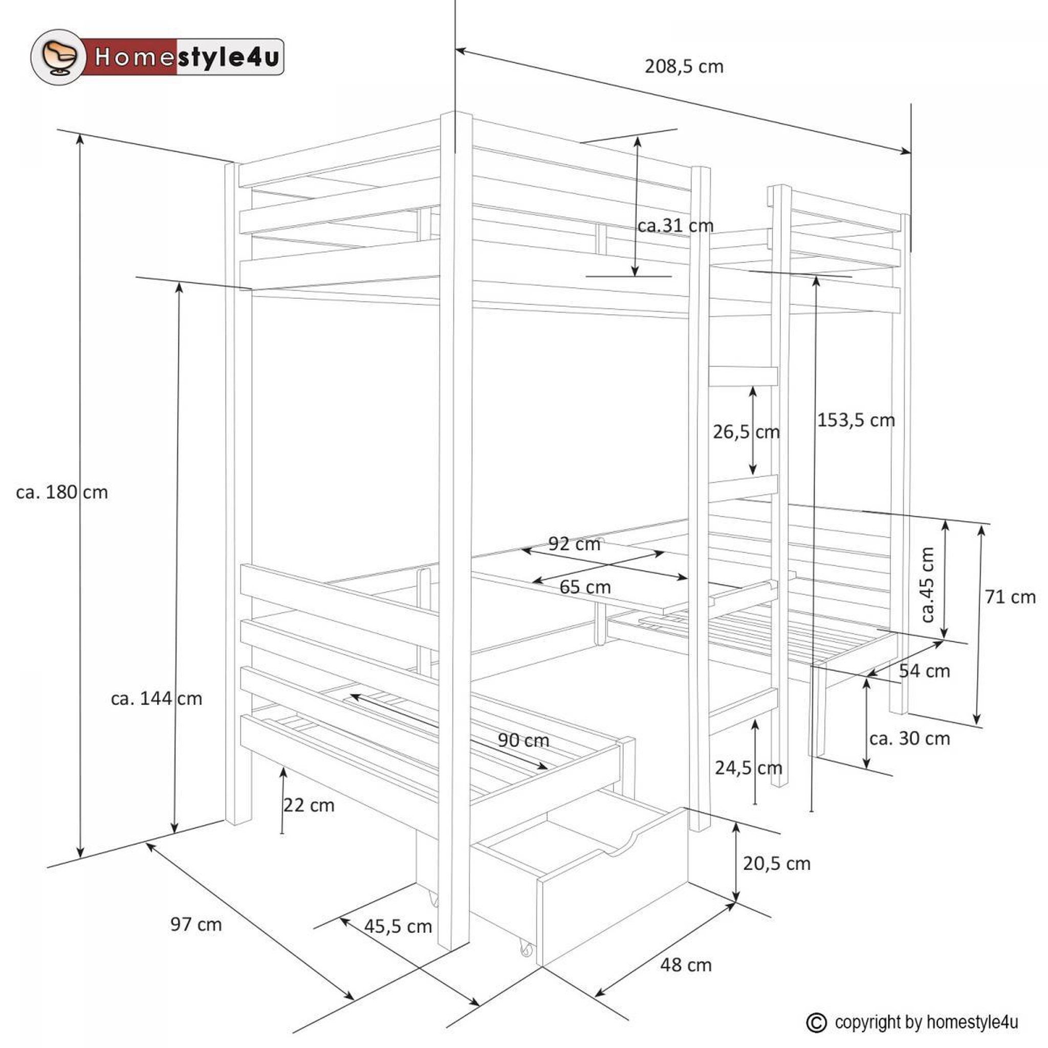 Voir la diapositive 2 : HomeStyle4U Lit enfant mezzanine superposé blanc 90x200 pin massif bureau