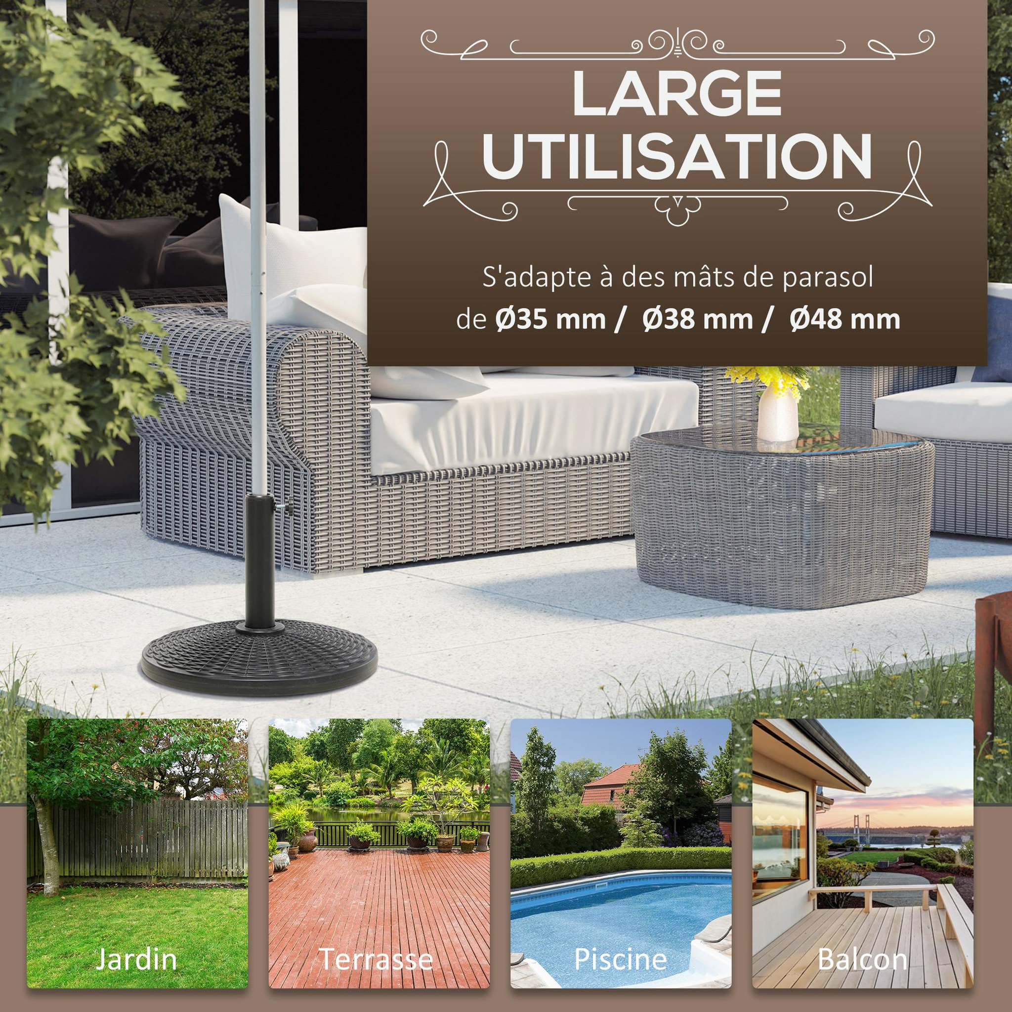 Voir la diapositive 6 : OUTSUNNY Pied de parasol rond base de lestage Ø 44 x 32 cm résine imitation rotin poids net 11 Kg noir