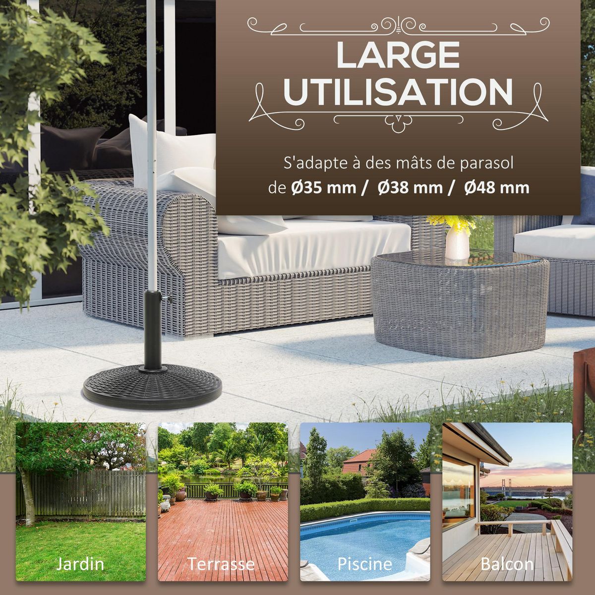 OUTSUNNY Pied de parasol rond base de lestage Ø 44 x 32 cm résine imitation rotin poids net 11 Kg noir