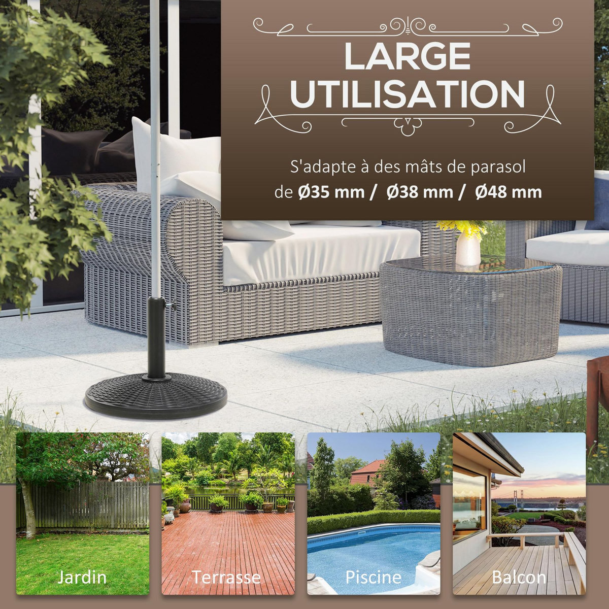 OUTSUNNY Pied de parasol rond base de lestage Ø 44 x 32 cm résine imitation rotin poids net 11 Kg noir