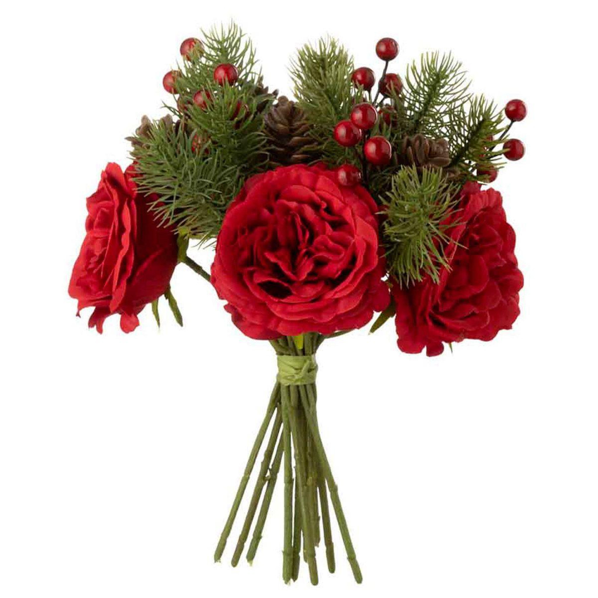 J-LINE Bouquet de Fleurs Artificielles  Roses  28cm Rouge & Vert