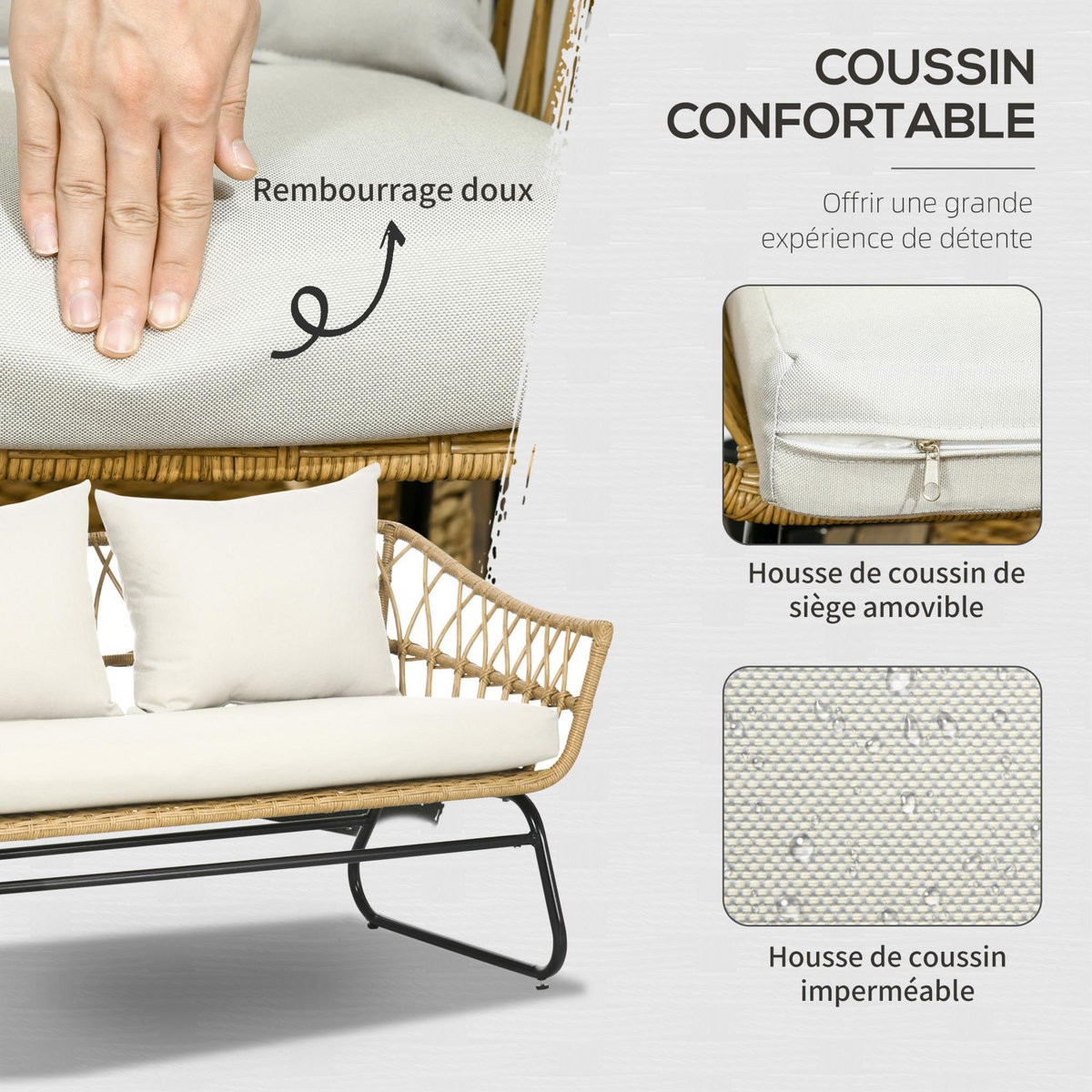 OUTSUNNY Salon de jardin 4 places 4 pièces 7 coussins inclus acier époxy résine tressée beige