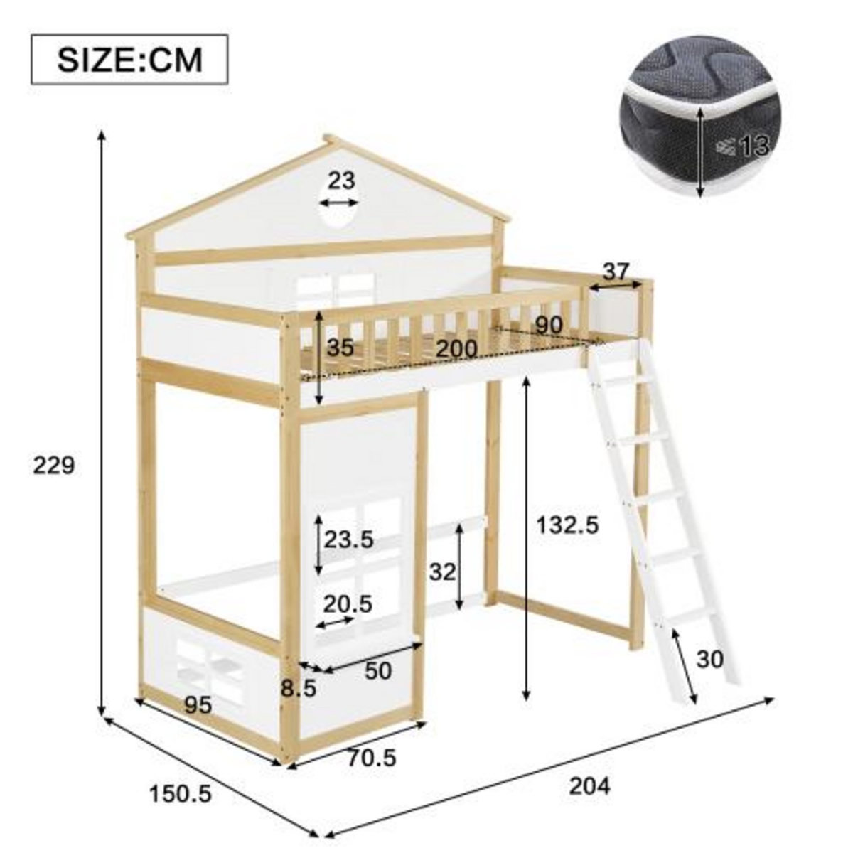 MERAX Lit combiné enfant 90x200cm coloris blanc+naturel bois massif