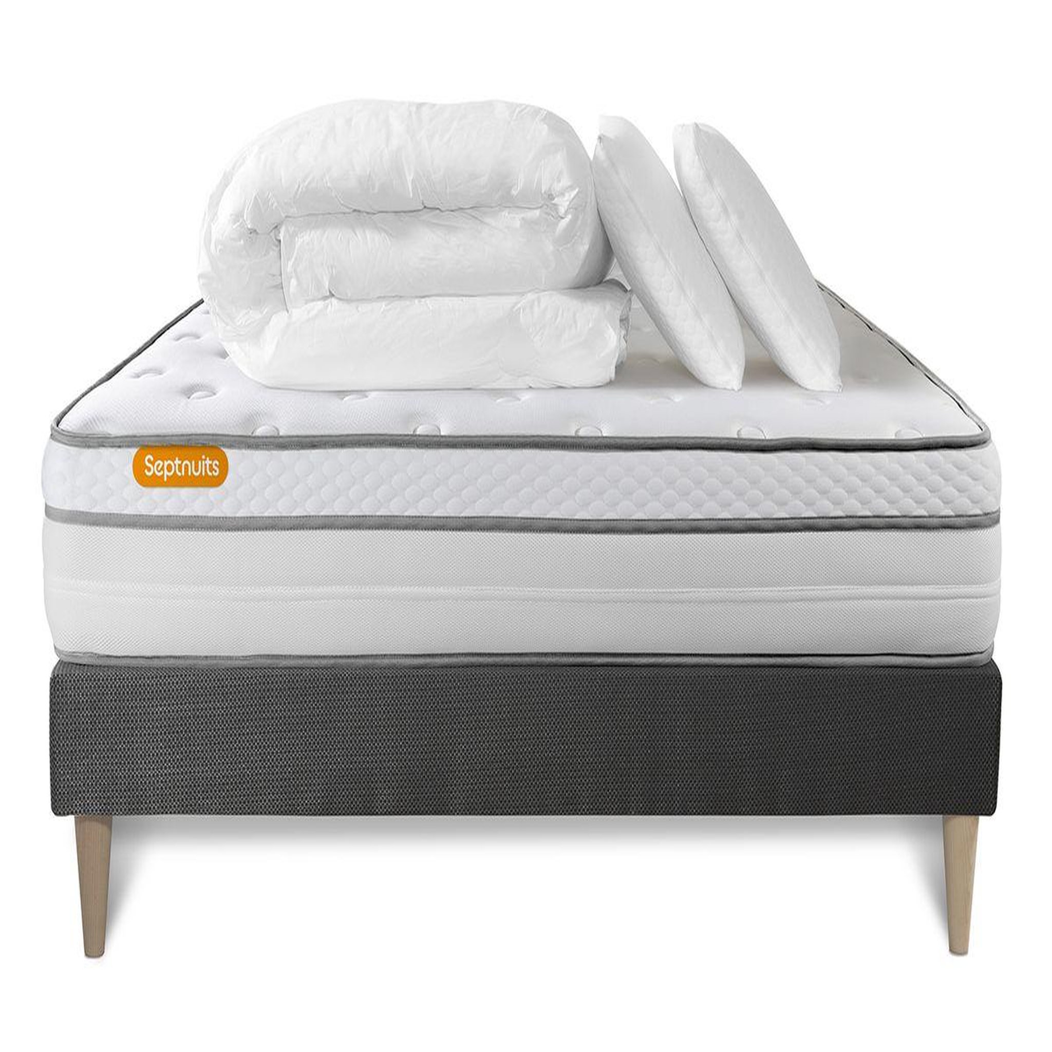 Voir la diapositive 2 : SEPTNUITS Pack matelas + sommier kit gris Memo Luxe Ressorts ensachés + mémoire de forme + Couette + 2 oreillers