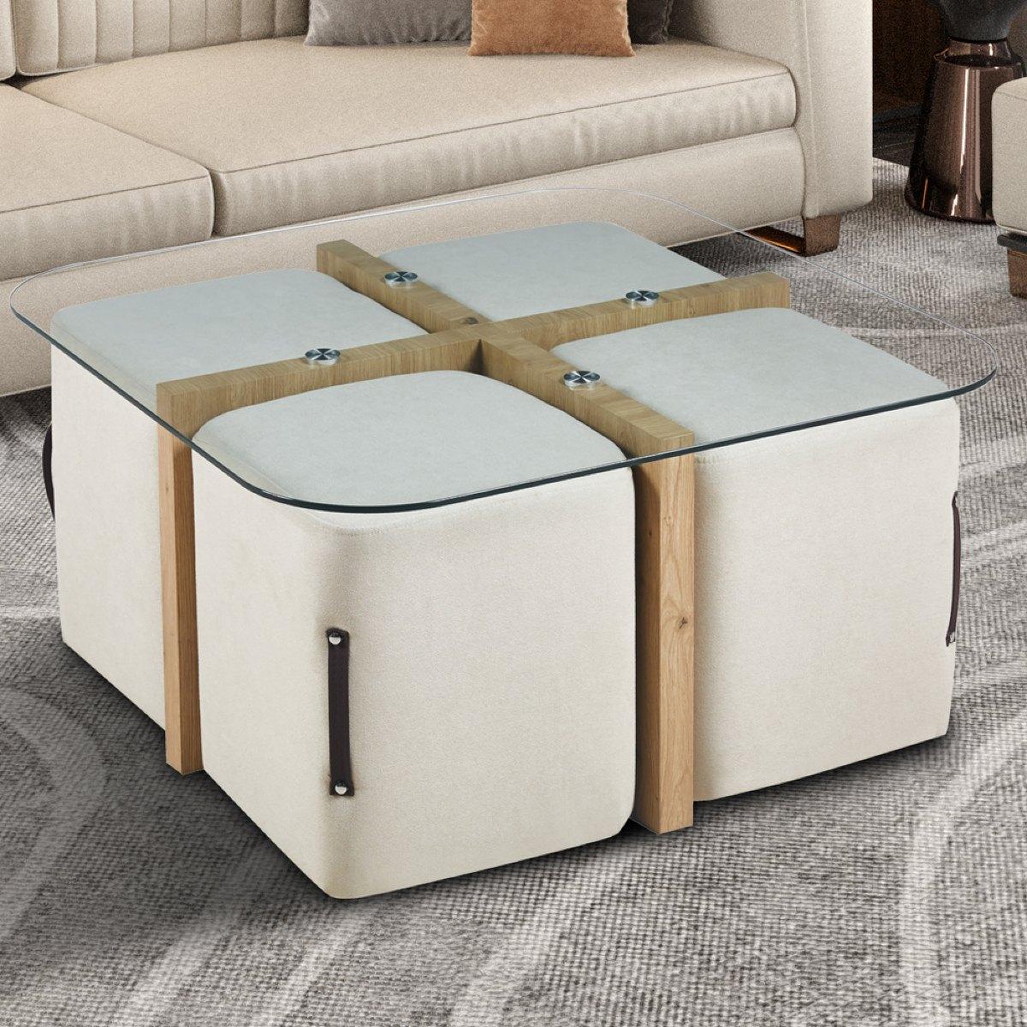 Voir la diapositive 2 : JLC KREATION Table basse en bois et en verre avec poufs nash