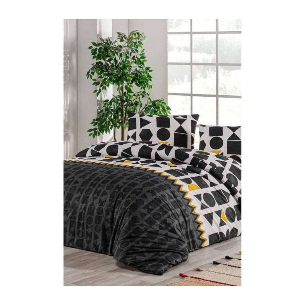 GENERIQUE Parure de lit - 1 housse de couette 220 x 240 cm + 2 taies d'oreiller 60 x 60 cm - 100% coton renforcé - Noir