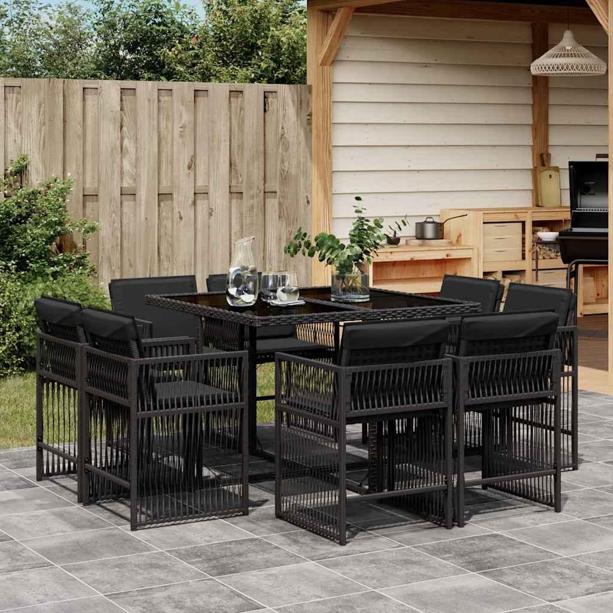 VIDAXL Ensemble a manger de jardin 9pcs coussins noir resine tressee