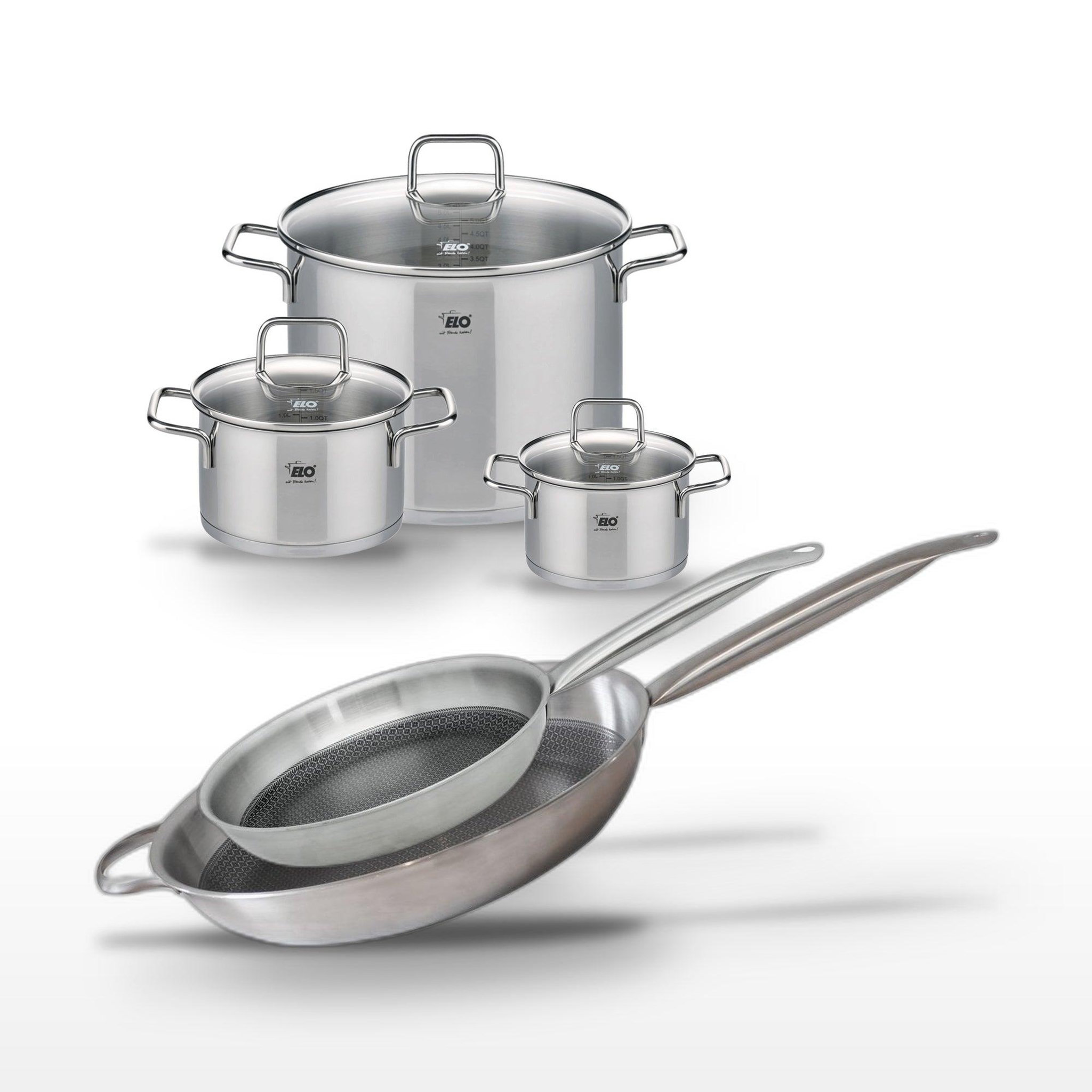 ELO Batterie de cuisine 2 poêles 28/32 cm et 3 faitouts 16/20/26 cm en inox elo collection relief solution citrin