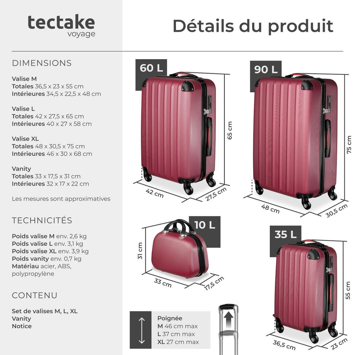 tectake Set de valises trolley rigides 4 pièces, 3 trolleys et une trousse de beauté en plastique ABS robuste rouge bordeaux