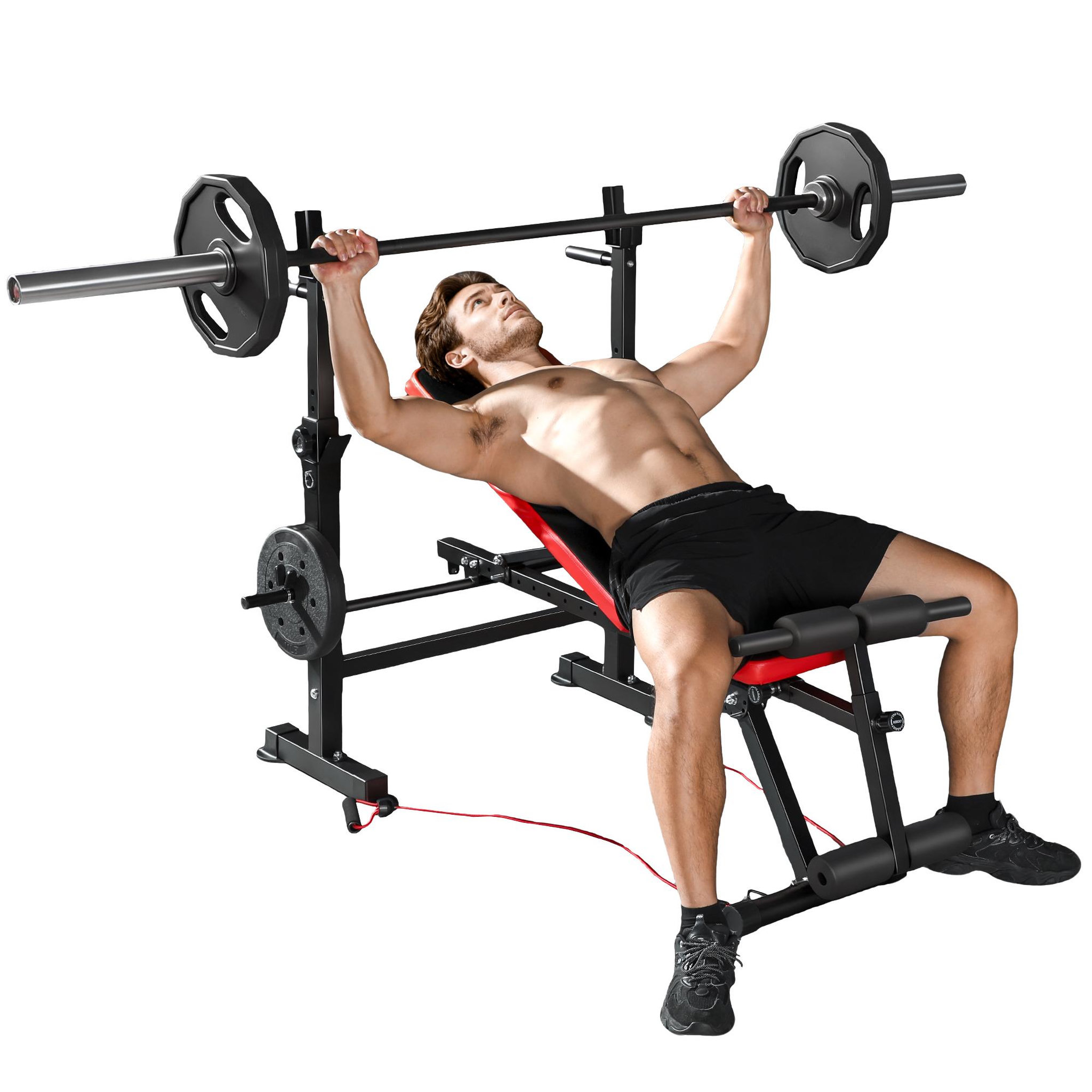 HOMCOM Banc de musculation réglable - support de barre, poignées à dips, bandes de résistance - rouge noir