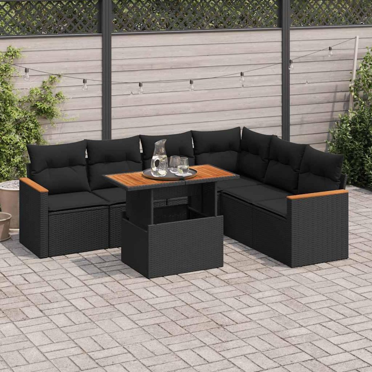 VIDAXL Salon de jardin avec coussins 7 pcs noir resine tressee acacia