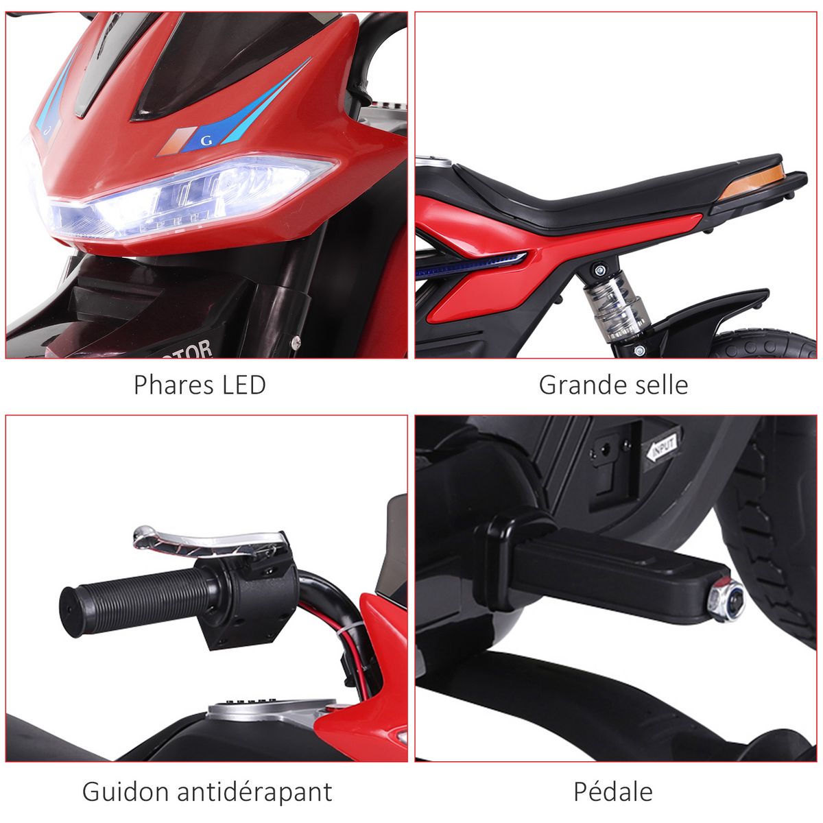 HOMCOM Moto électrique pour enfants 25 W 6 V 3 Km/h effets lumineux et sonores roulettes amovibles rouge