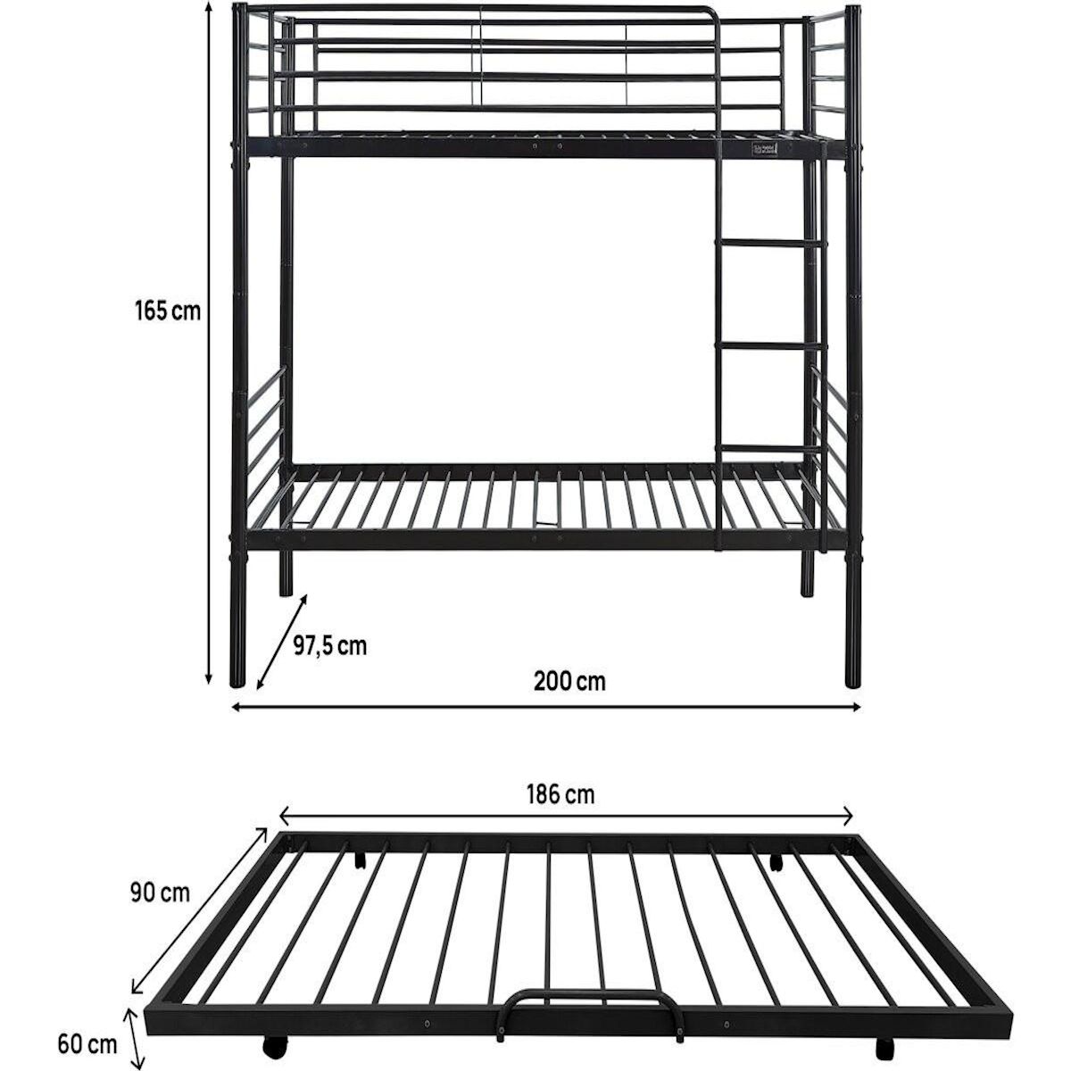 Habitat et Jardin Lit superposé avec tiroir gigogne  ADAM  -  90 x 190 cm - Métal - Noir