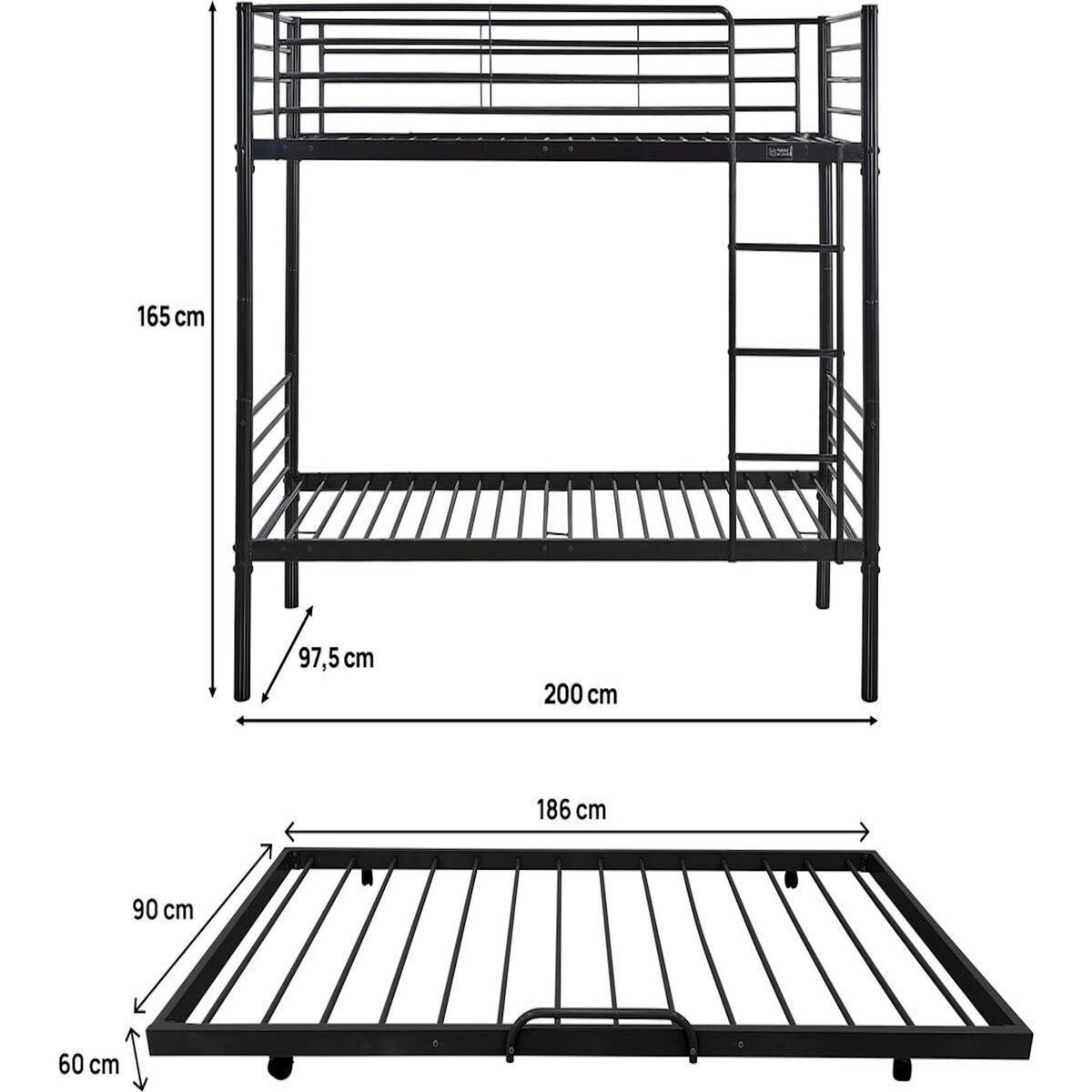 Habitat et Jardin Lit superposé avec tiroir gigogne  ADAM  -  90 x 190 cm - Métal - Noir