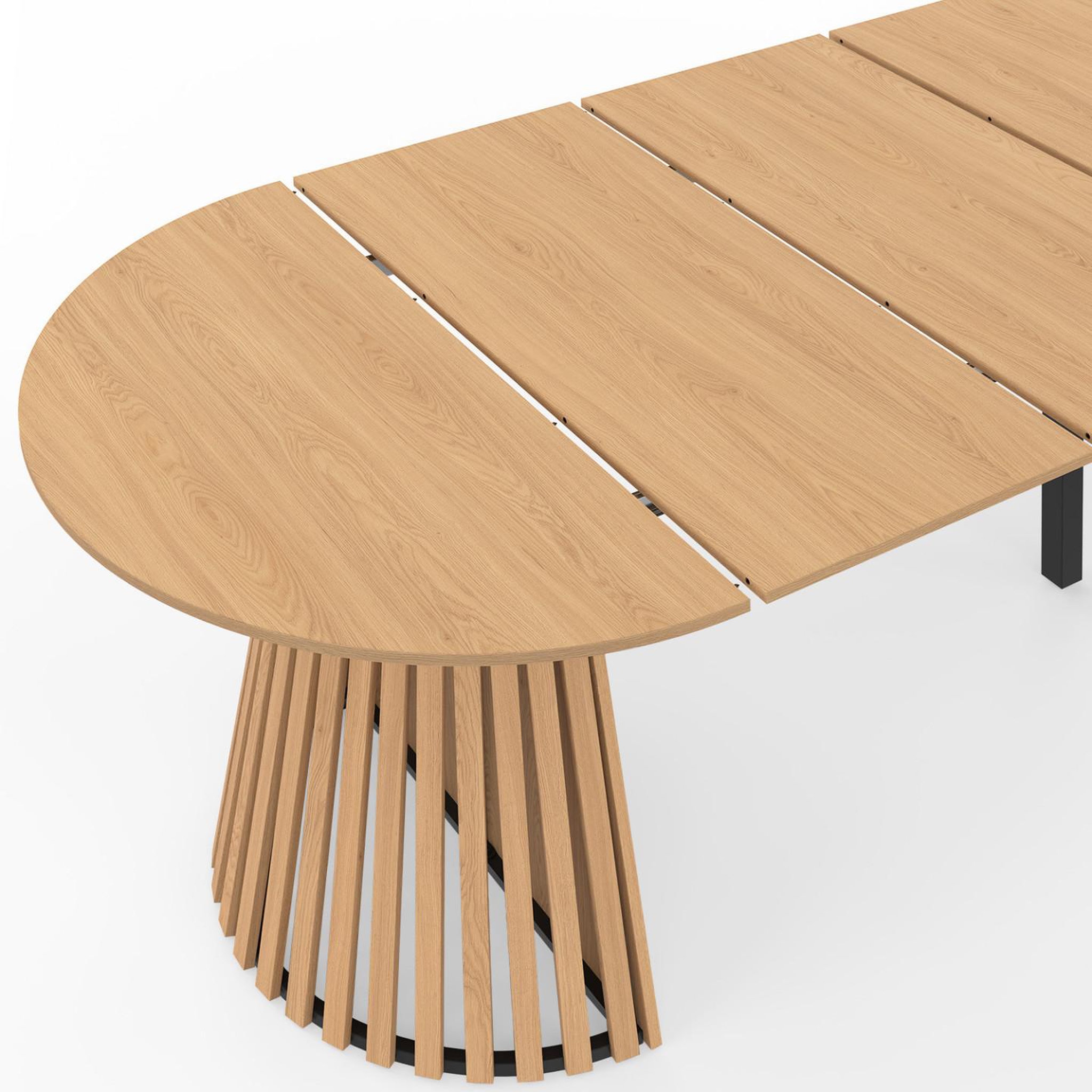 Voir la diapositive 6 : ID MARKET Table à manger extensible ronde carmen 4-12  personnes pied bois en lattes et plateau bois 110-300 cm