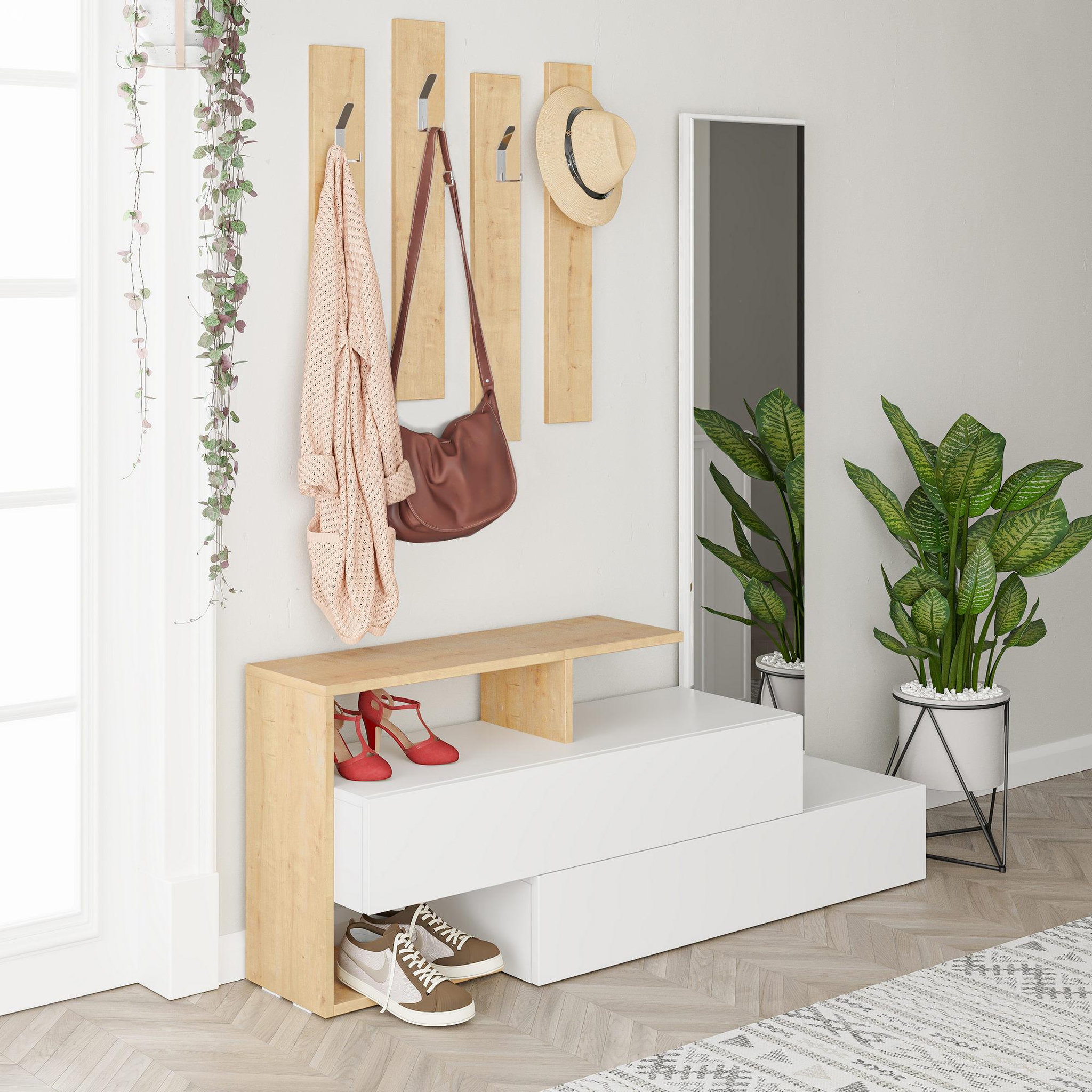 Voir la diapositive 3 : Habitat et Jardin Meuble d'entrée avec miroir en bois  ramda  - 137 x 35 x 154 cm - beige