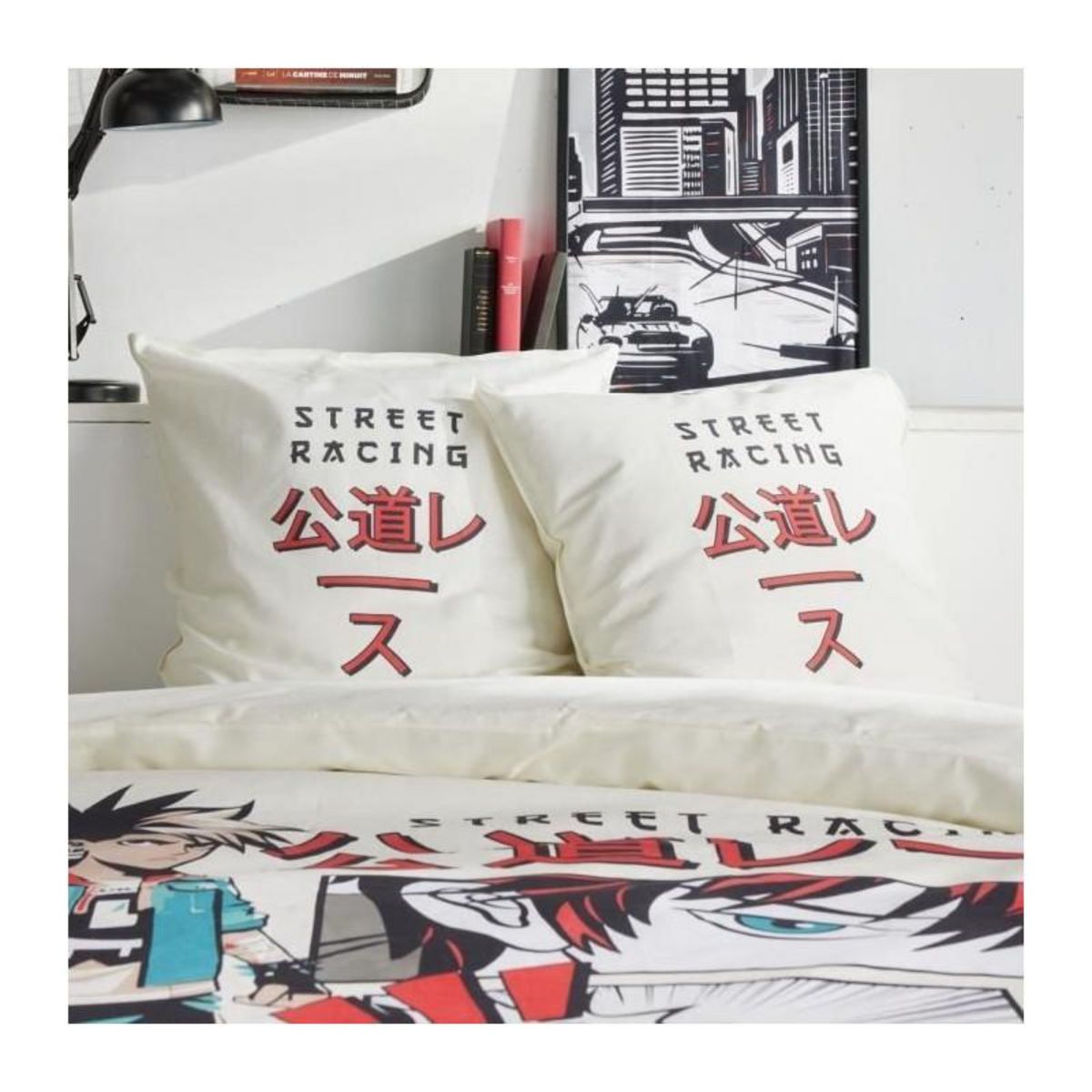 Today Parure de lit - TODAY - JAVA - 2 personnes - 240x220 cm - Coton - Imprimé Street racing - Blanc