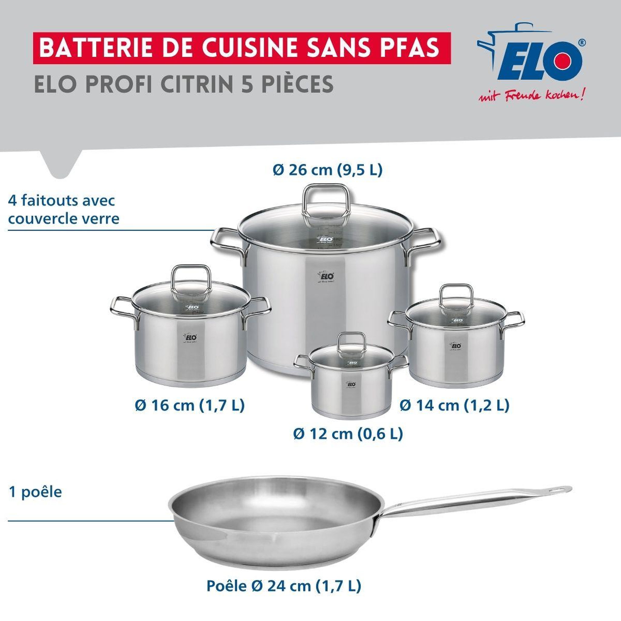 Voir la diapositive 2 : ELO Ensemble de 1 poêle de cuisson 24 cm et 4 faitouts 12, 14, 16 et 26 cm elo profi citrin