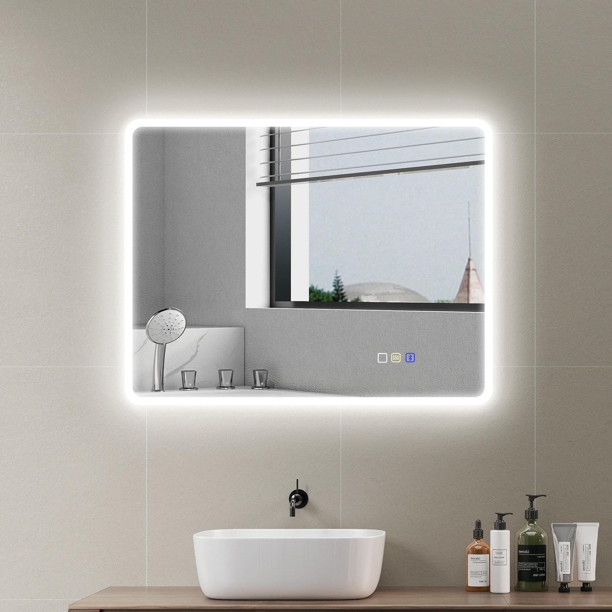 Voir la diapositive 2 : HOMCOM Miroir lumineux led salle de bain 90 x 70 cm bluetooth interrupteur tactile lumière réglable 3 couleurs fonction anti-buée et mémoire