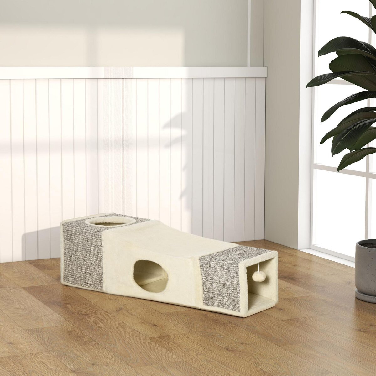 PAWHUT Tunnel grattoir niche modulable pour chat 3 en 1 - jeu balle suspendue - 4 entrées - peluche beige sisal grège