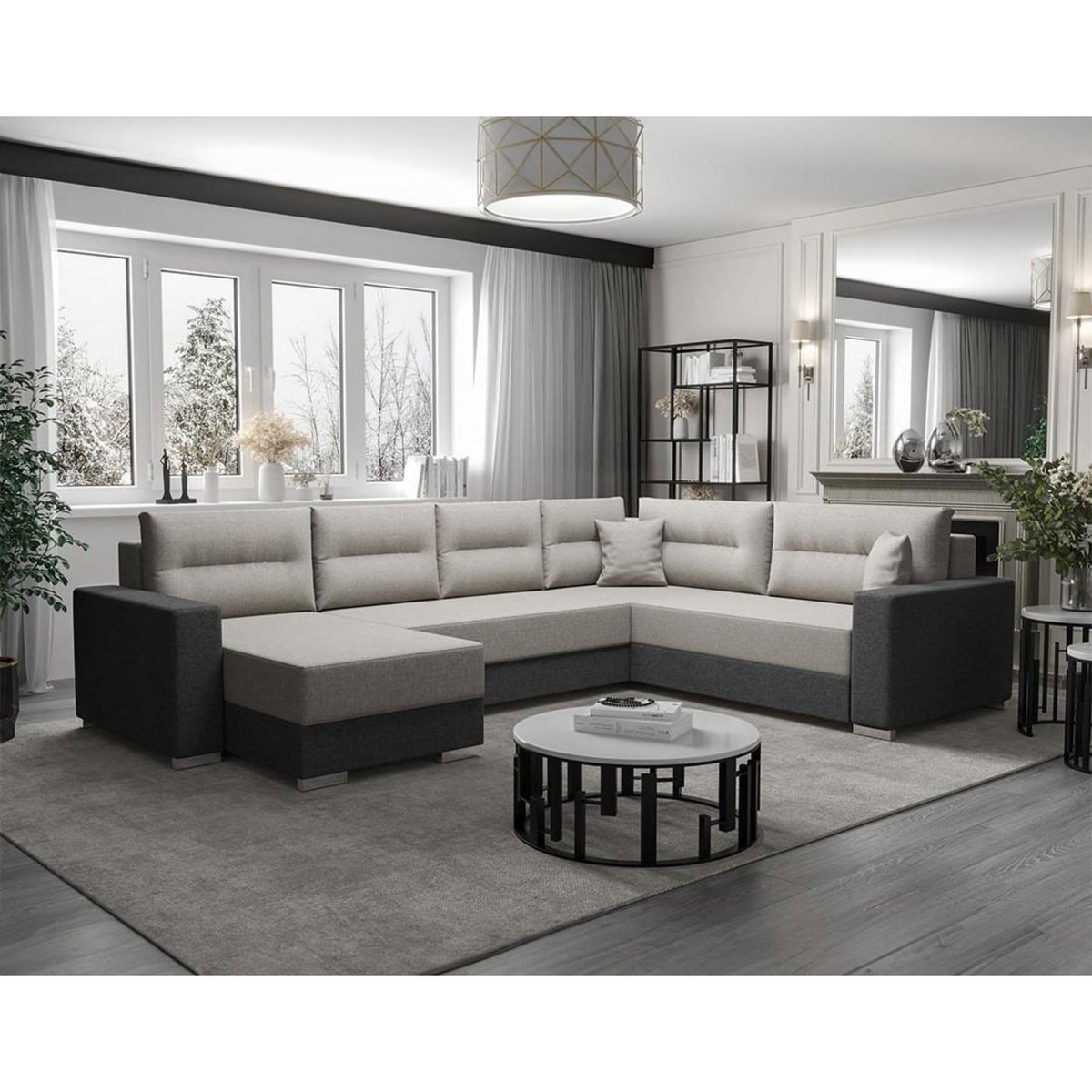 BEST MOBILIER Leslie - canapé panoramique d'angle réversible 7 places convertible avec coffre en tissu