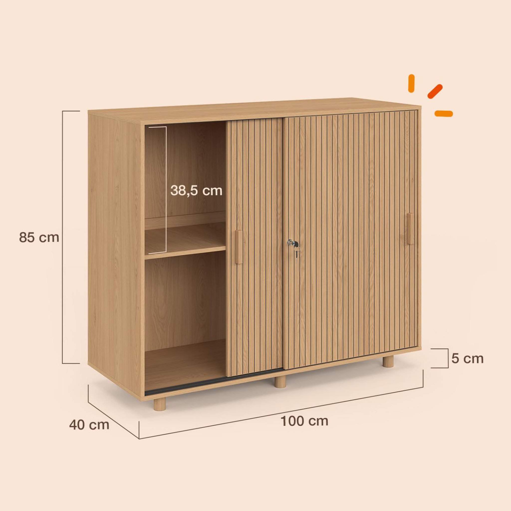 Voir la diapositive 4 : ID MARKET Armoire basse de bureau 2 portes coulissantes verrouillables JULIETTE effet lattes tasseau bois