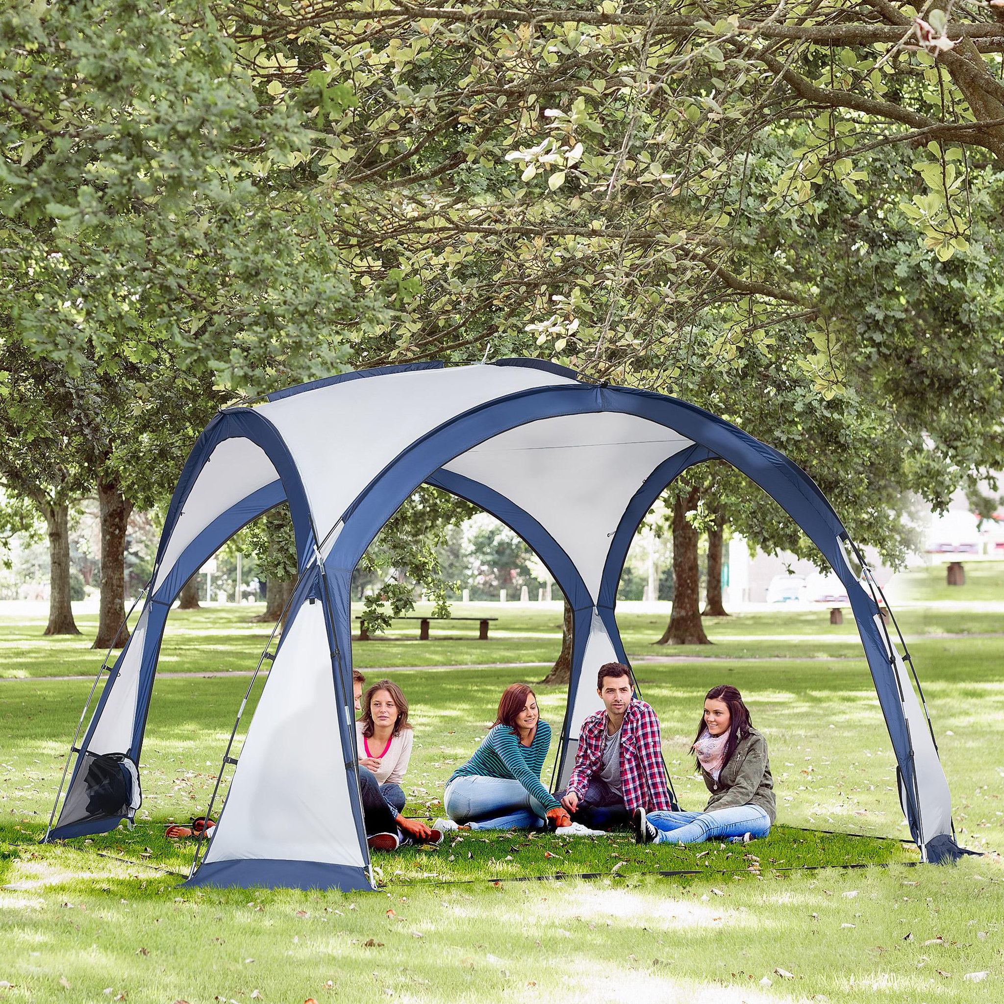 Voir la diapositive 2 : OUTSUNNY Tente de camping dôme familiale 6-8 personnes - 4 portes en filet zippées, tissu oxford amovible, crochet lampe, sac de transport - dim. 350l x 350l x 230h cm - blanc bleu
