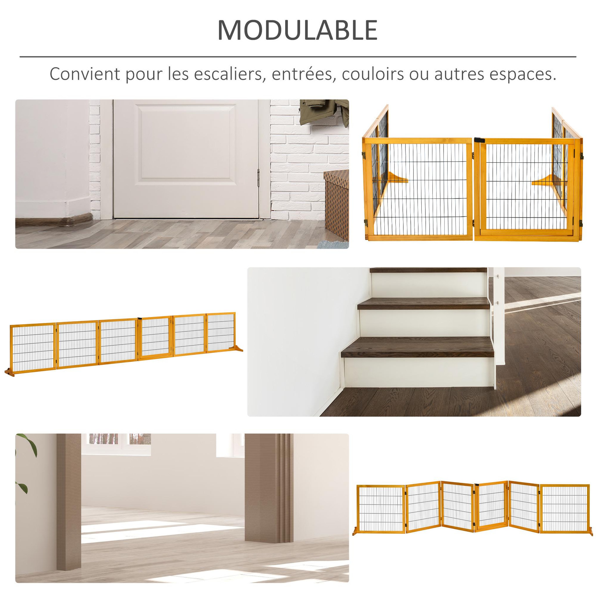 Voir la diapositive 5 : PAWHUT Barrière de sécurité parc enclos chien modulable pliable porte verrouillable intégrée 5 panneaux grillage acier noir bois de pin verni
