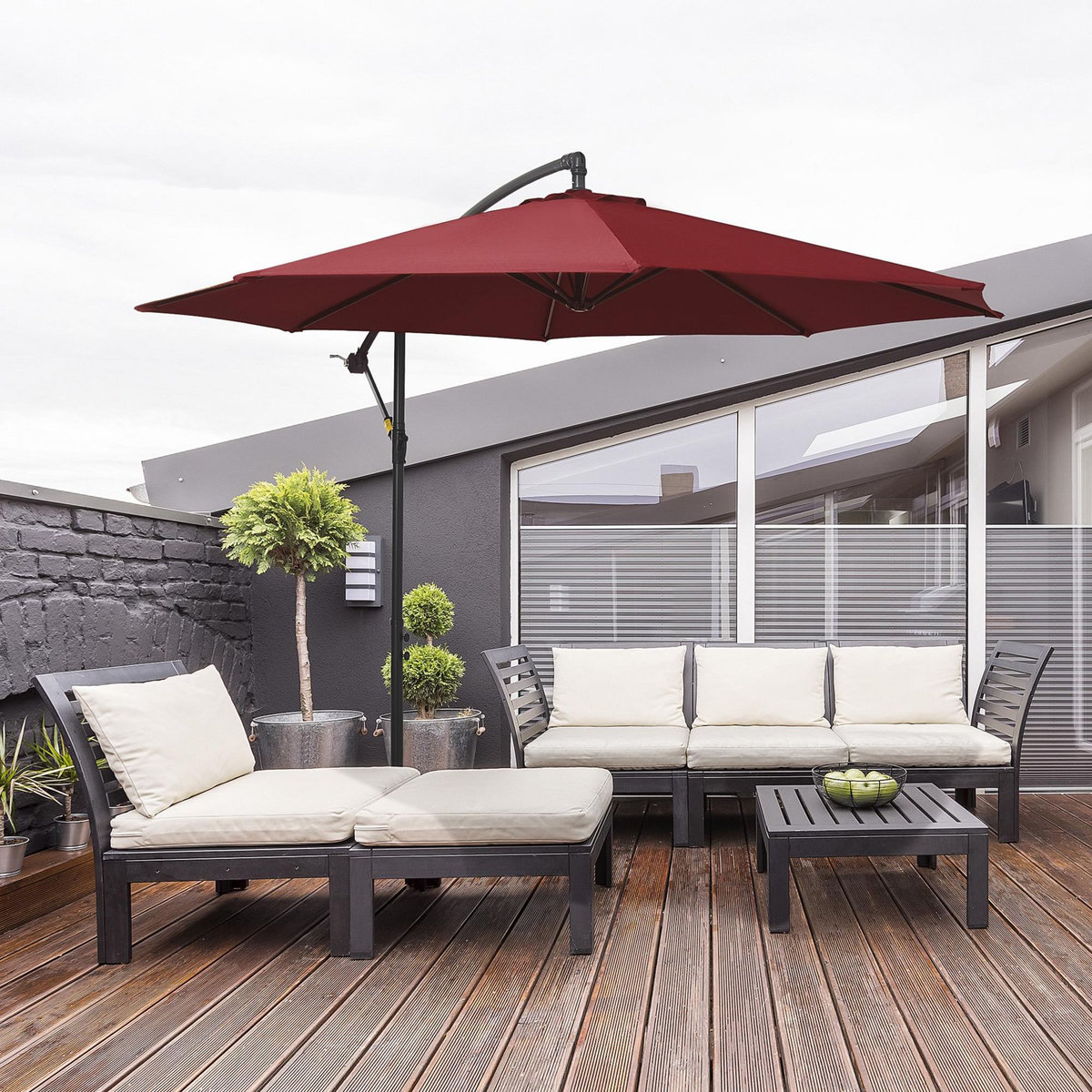 OUTSUNNY Parasol déporté octogonal inclinable manivelle pied acier Ø 3 x 2,5H m bordeaux